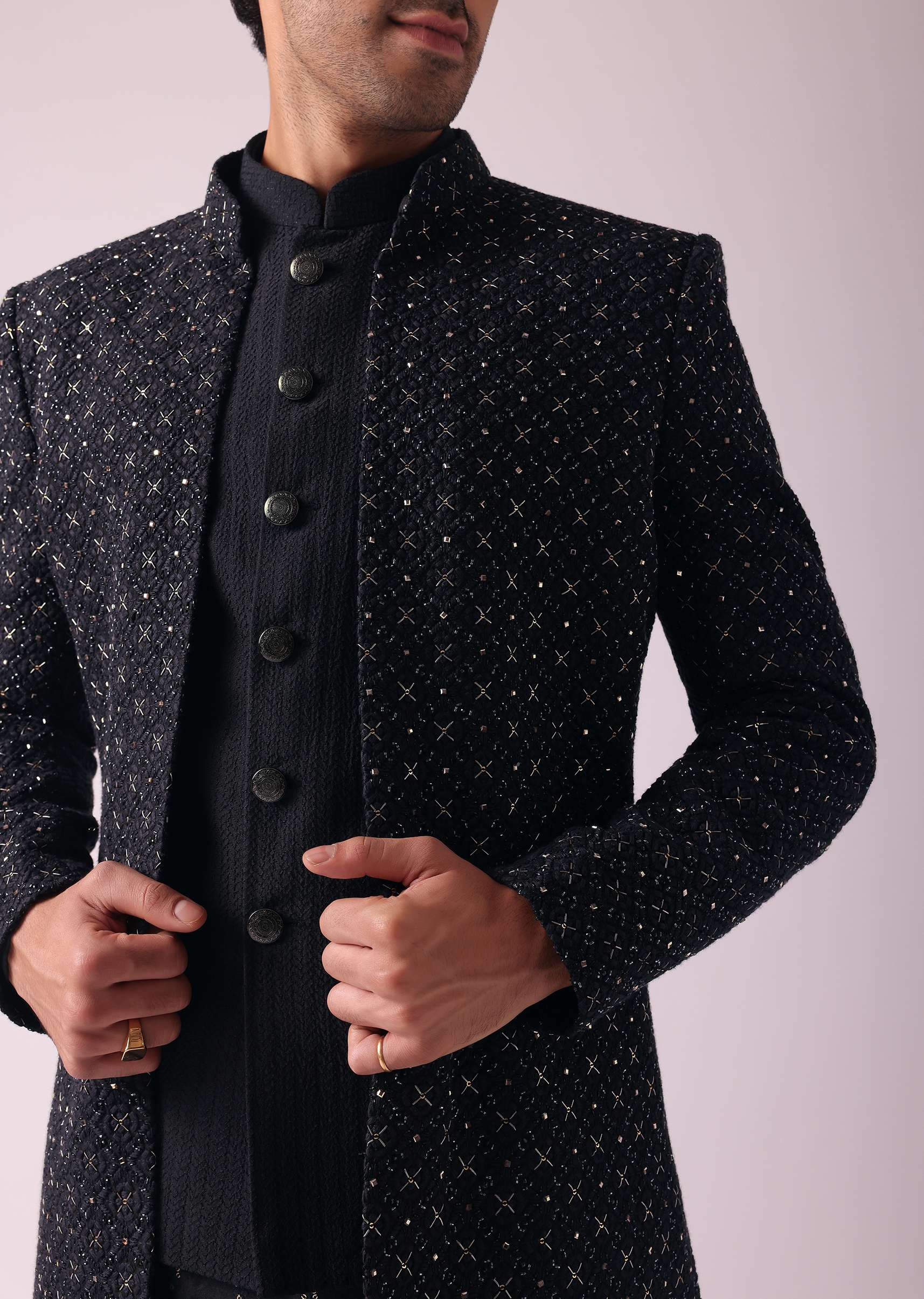 Black Shimmery Indowestern With Cut Work - Image 2