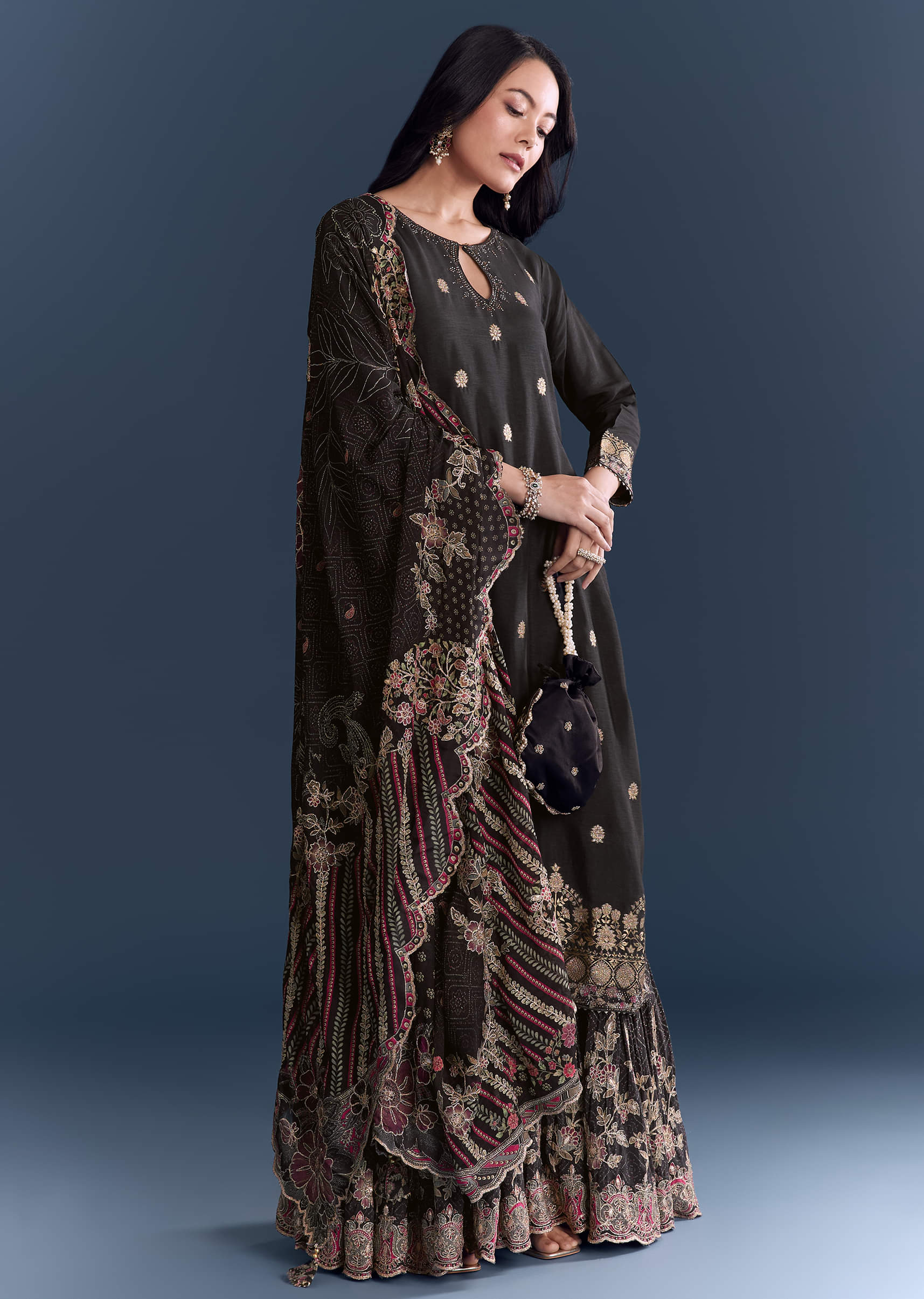 Black Silk Anarkali Suit With Zari Butti And Floral Print - Image 3