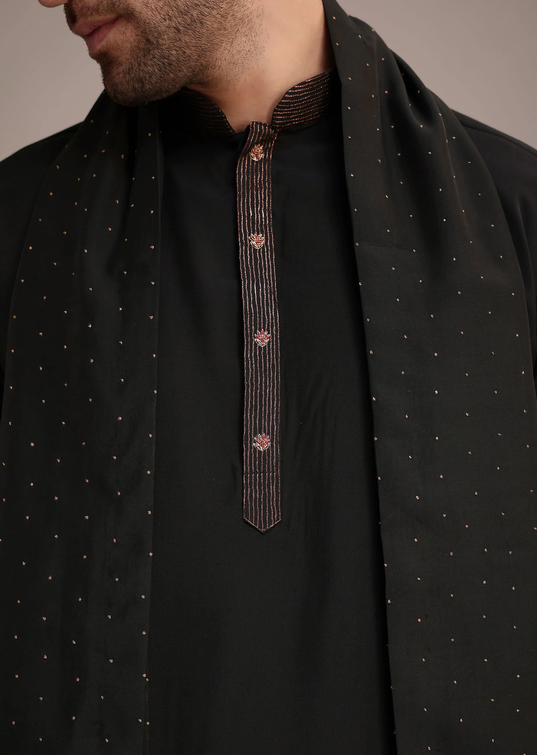 Black Silk Blend Kurta Pant With Dupatta - Image 2