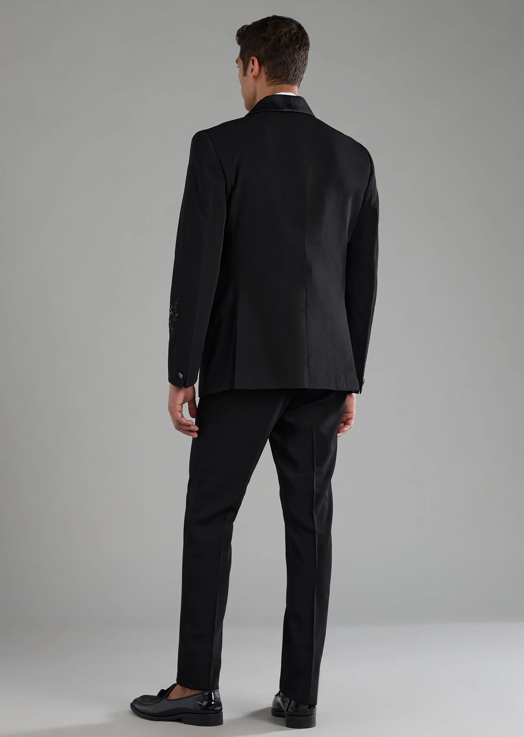 Black Silk Cutdana Embellished Tuxedo Set with Bow Tie - Image 5