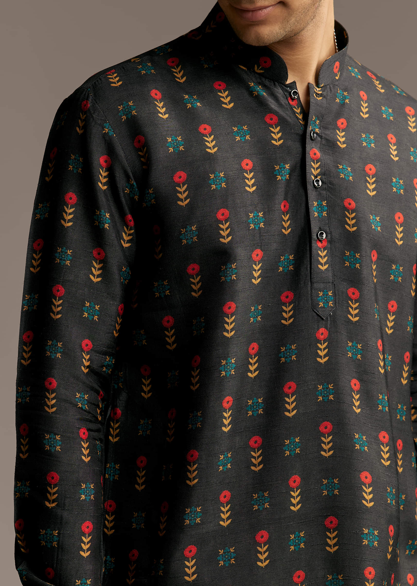 Black Silk Designer Kurta For Men With Buta Print - Image 3
