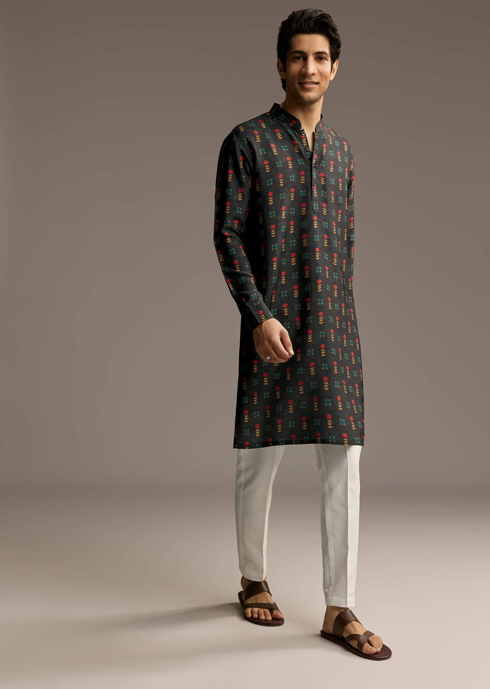 Black Silk Designer Kurta For Men With Buta Print - Image 4