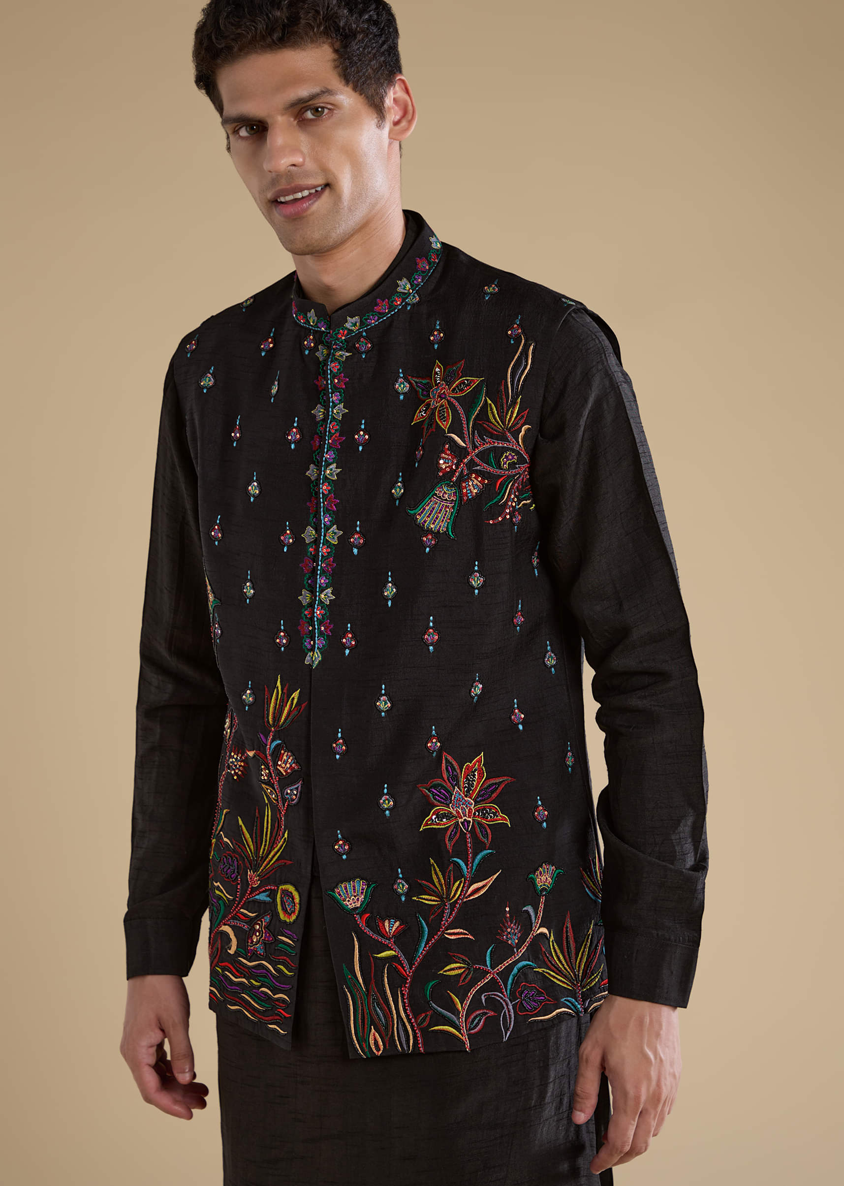 Black Silk Embroidered Mens Jacket Kurta and Pant Set - Image 2
