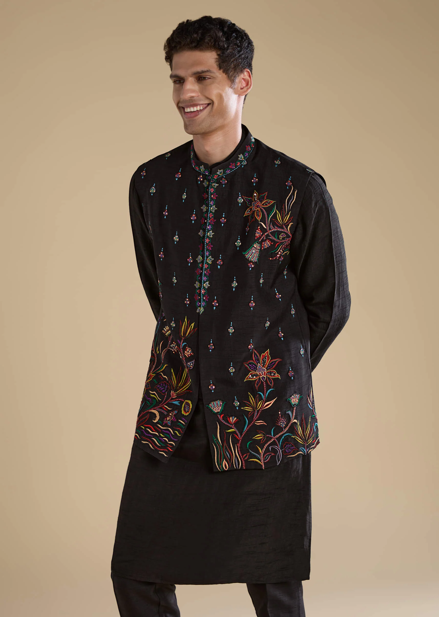 Black Silk Embroidered Mens Jacket Kurta and Pant Set - Image 4
