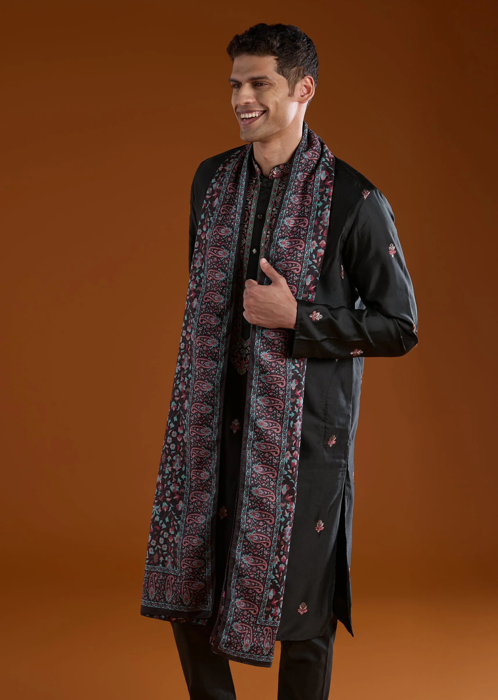 Black Silk Embroidered Mens Kurta Pant Set with Dupatta - Image 2