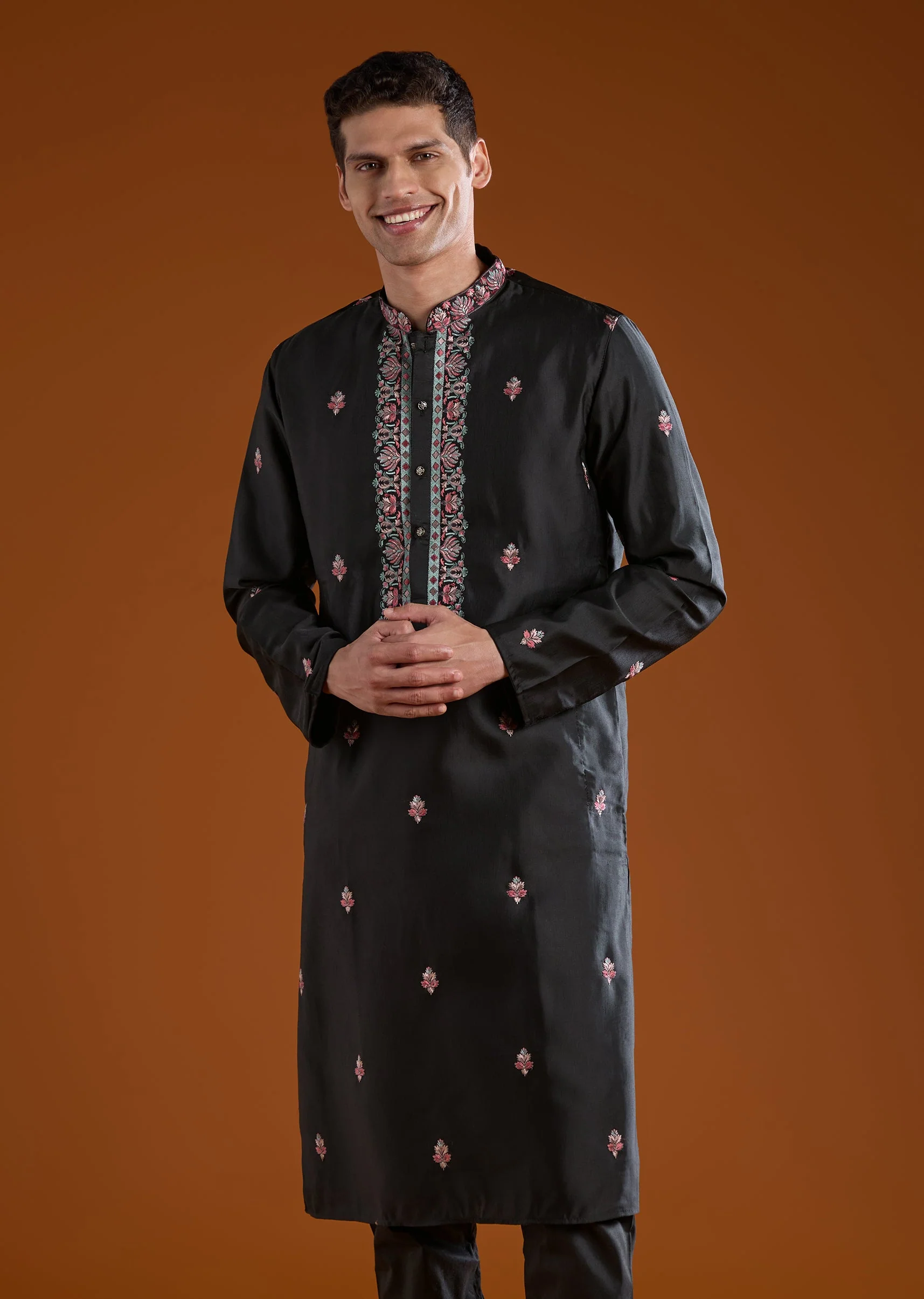 Black Silk Embroidered Mens Kurta Pant Set with Dupatta - Image 5