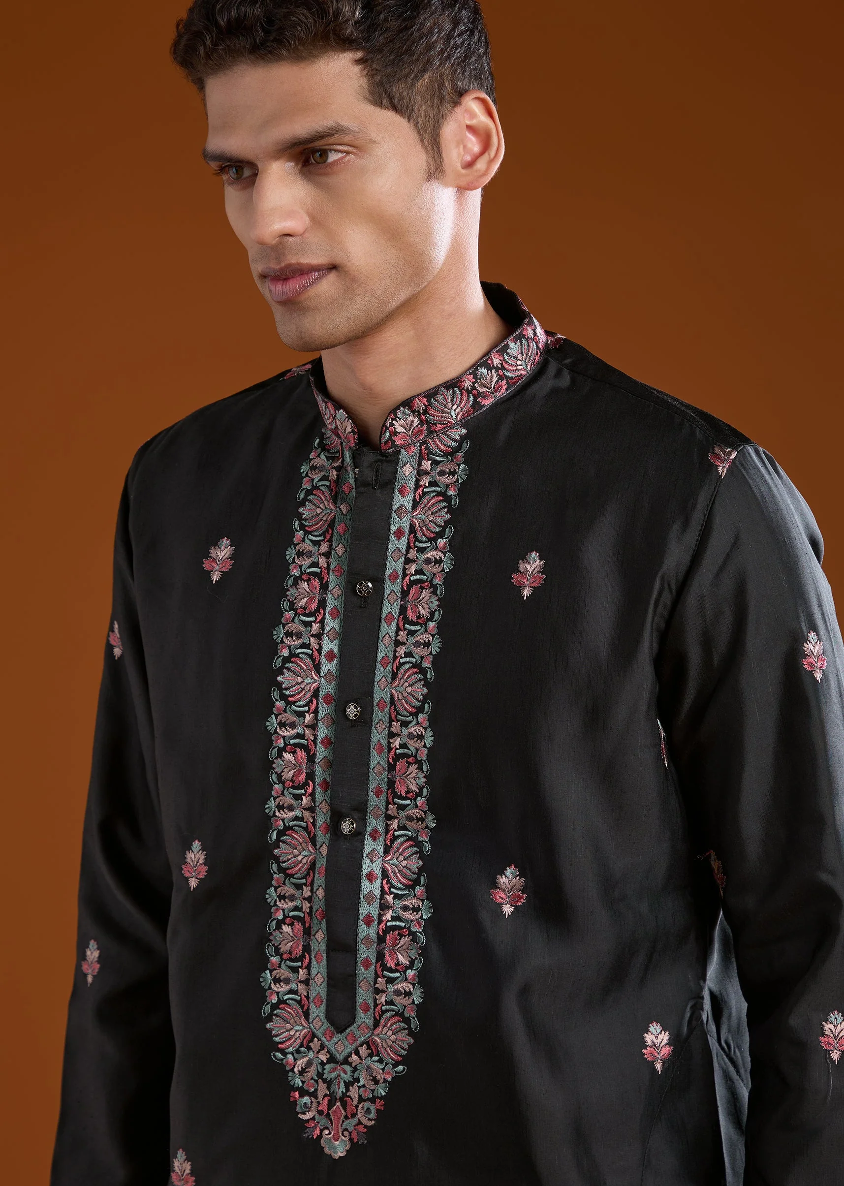 Black Silk Embroidered Mens Kurta Pant Set with Dupatta - Image 6