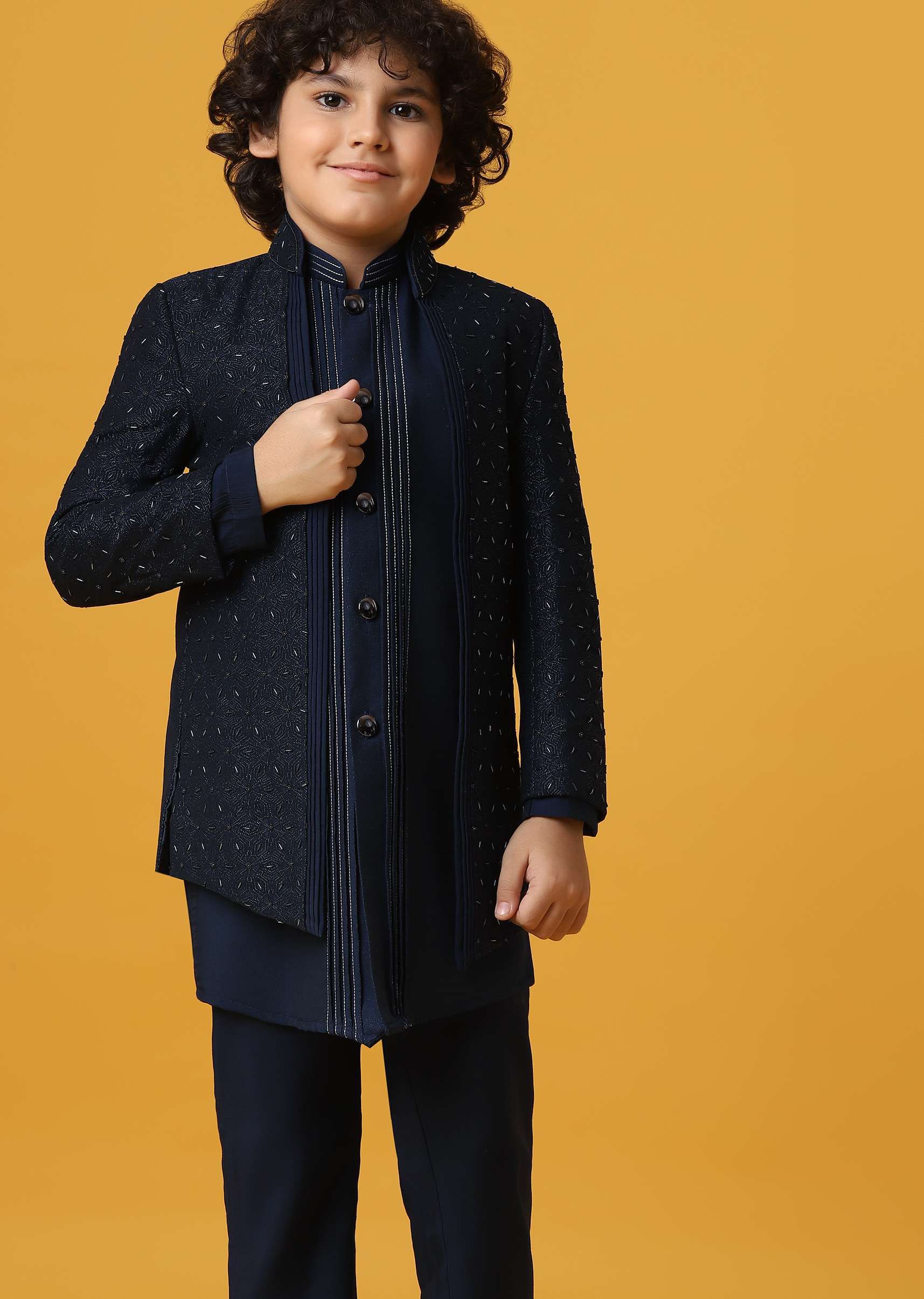 Black Silk Embroidered Sherwani Set for Boys - Image 3