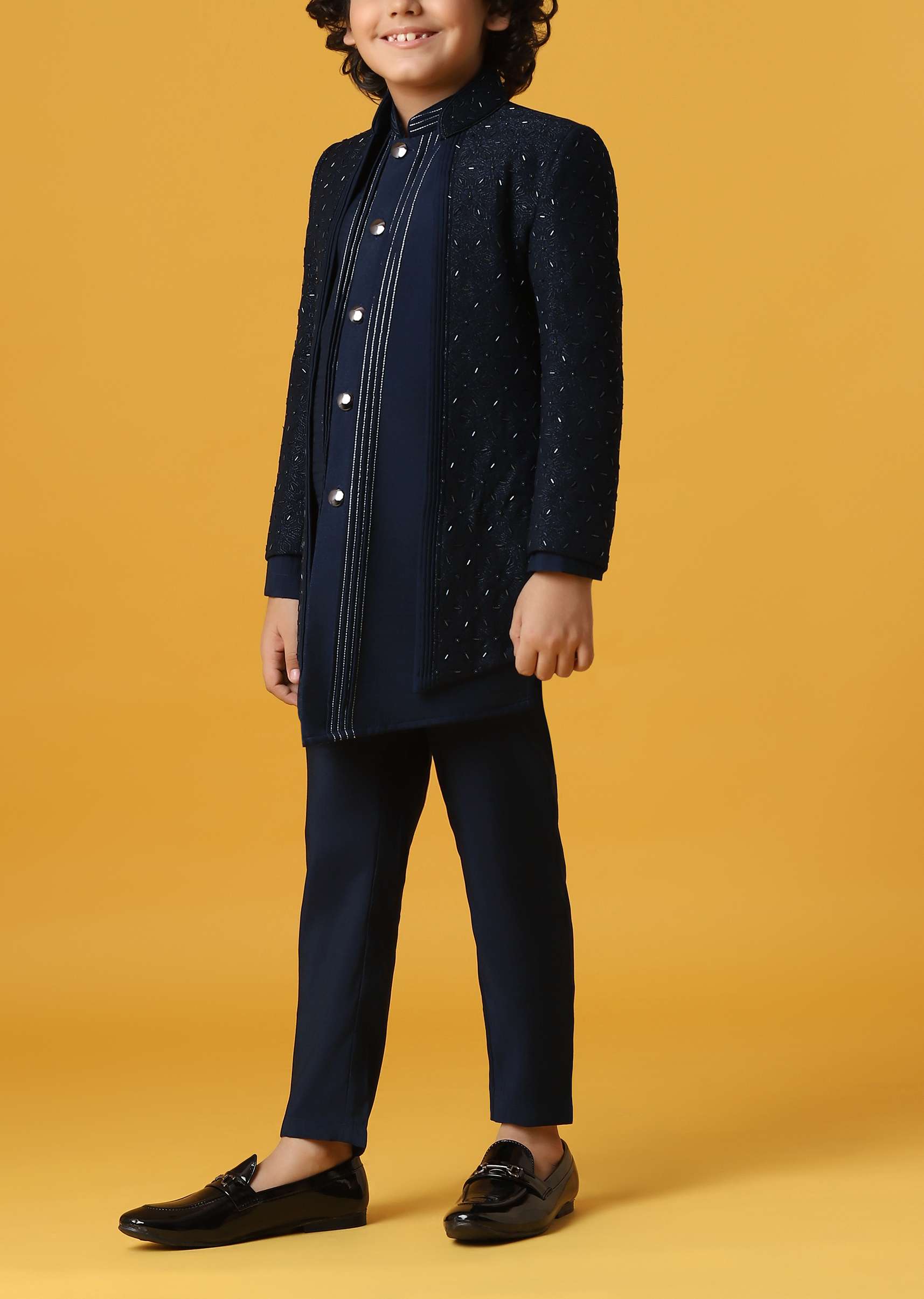Black Silk Embroidered Sherwani Set for Boys - Image 7