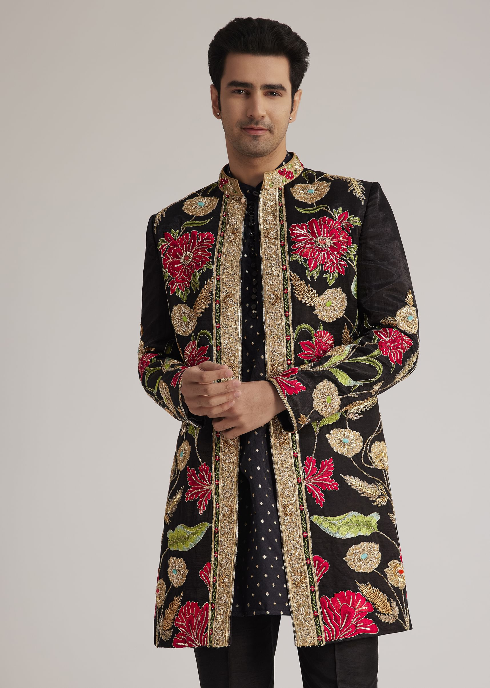 Black Silk Floral Hand Embroidered Indowestern Jacket Set - Image 2