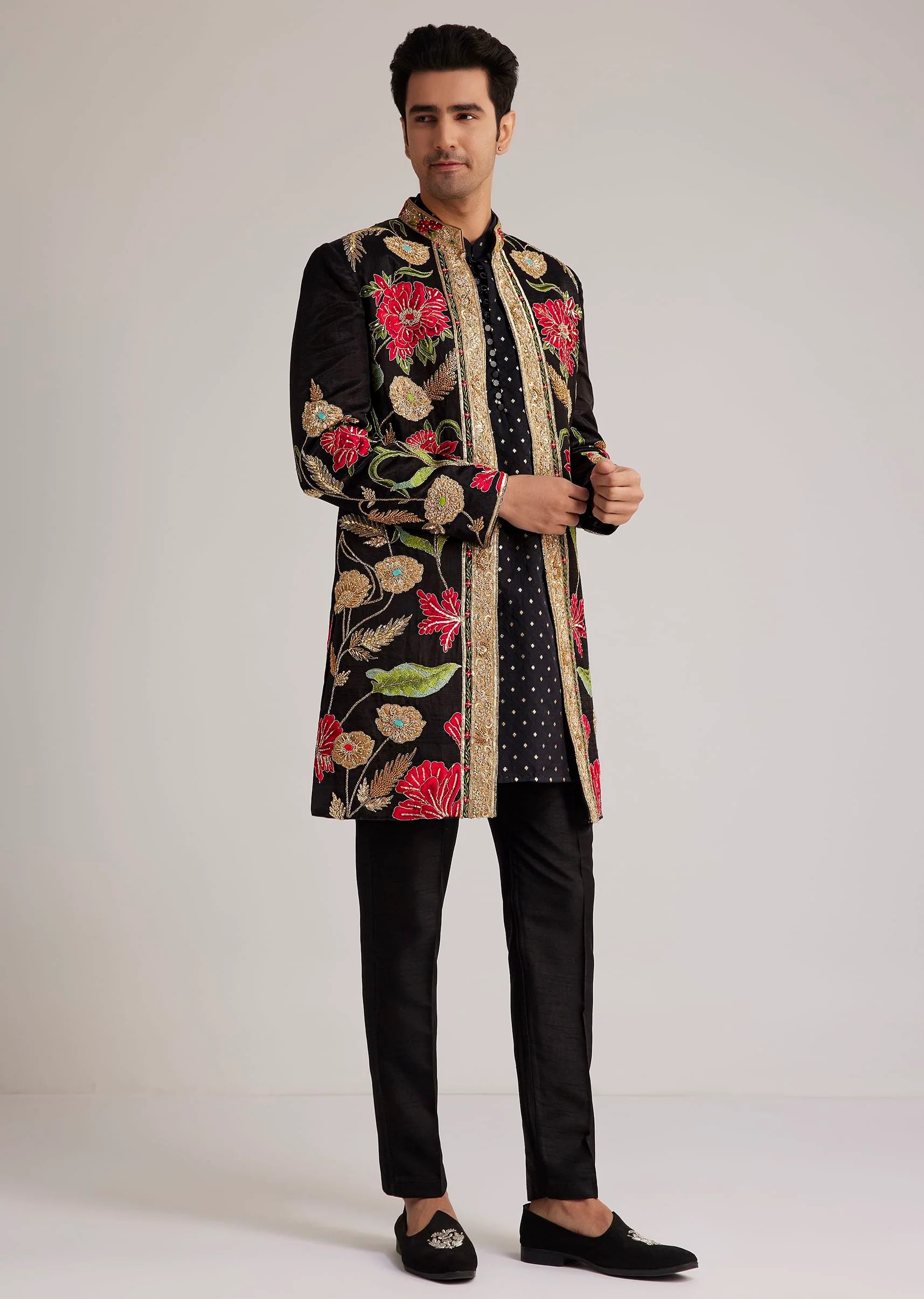 Black Silk Floral Hand Embroidered Indowestern Jacket Set - Image 3