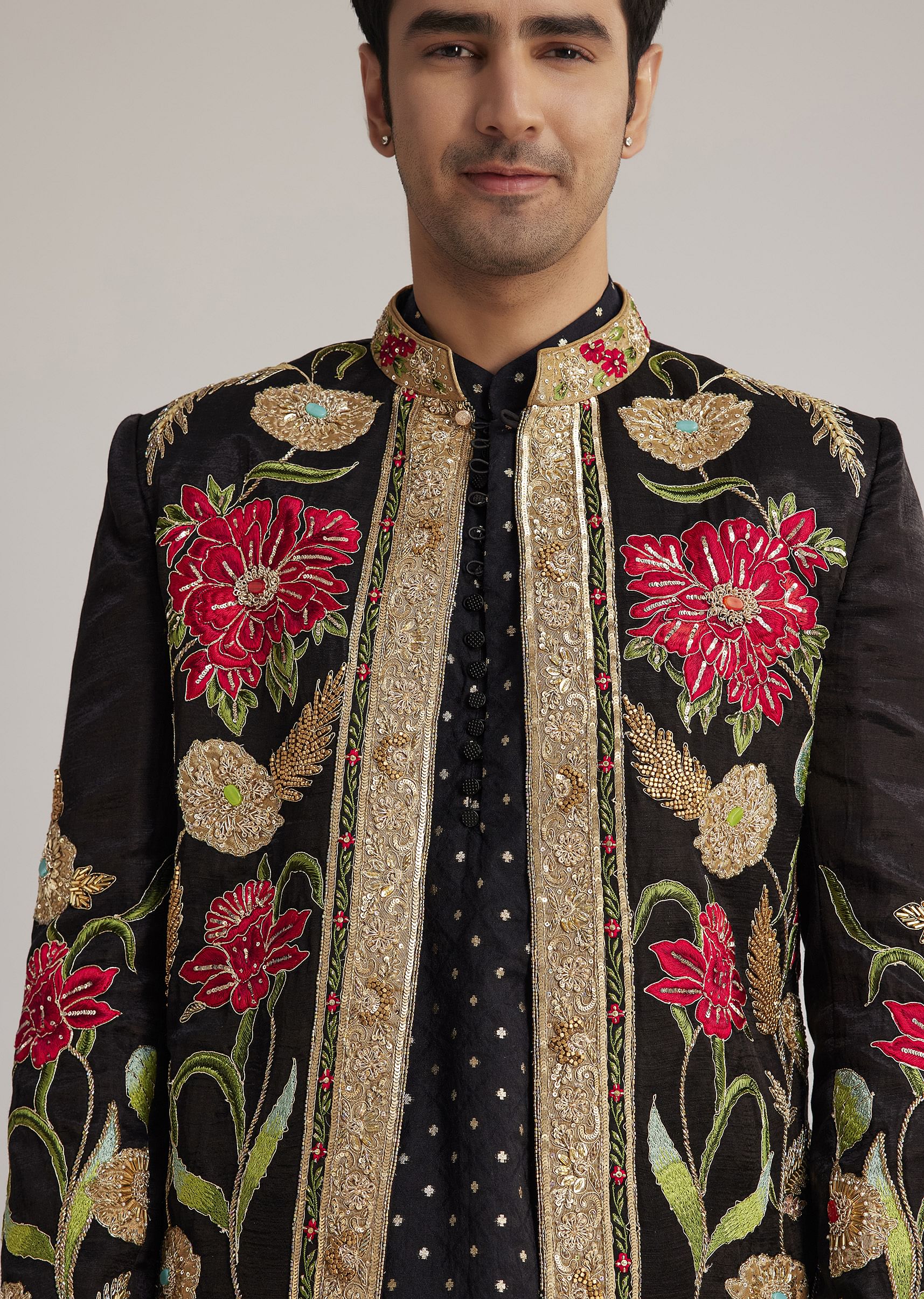 Black Silk Floral Hand Embroidered Indowestern Jacket Set - Image 4