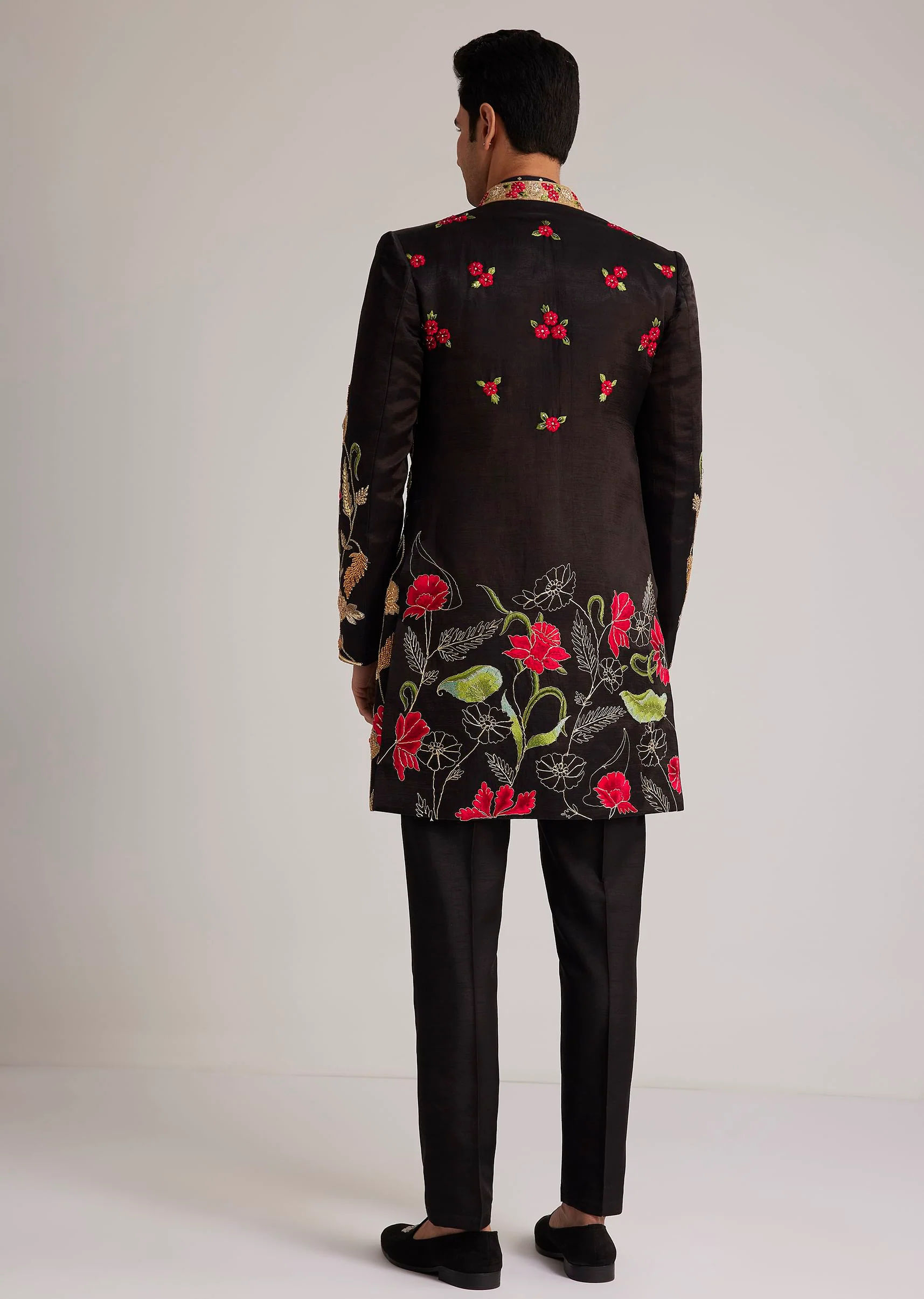 Black Silk Floral Hand Embroidered Indowestern Jacket Set - Image 5