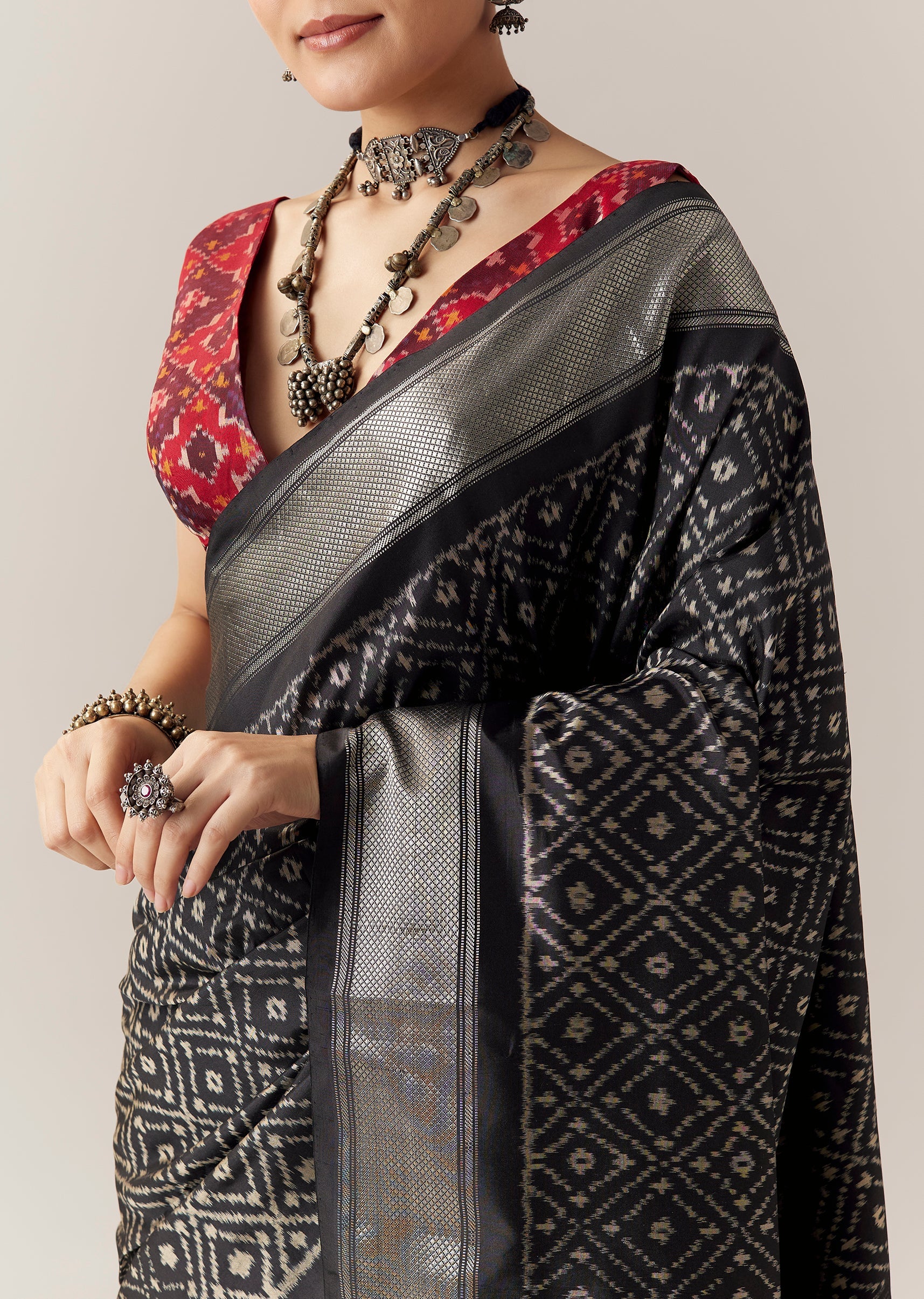 Black Silk Ikkat Weave Saree with Unstitched Blouse - Image 2