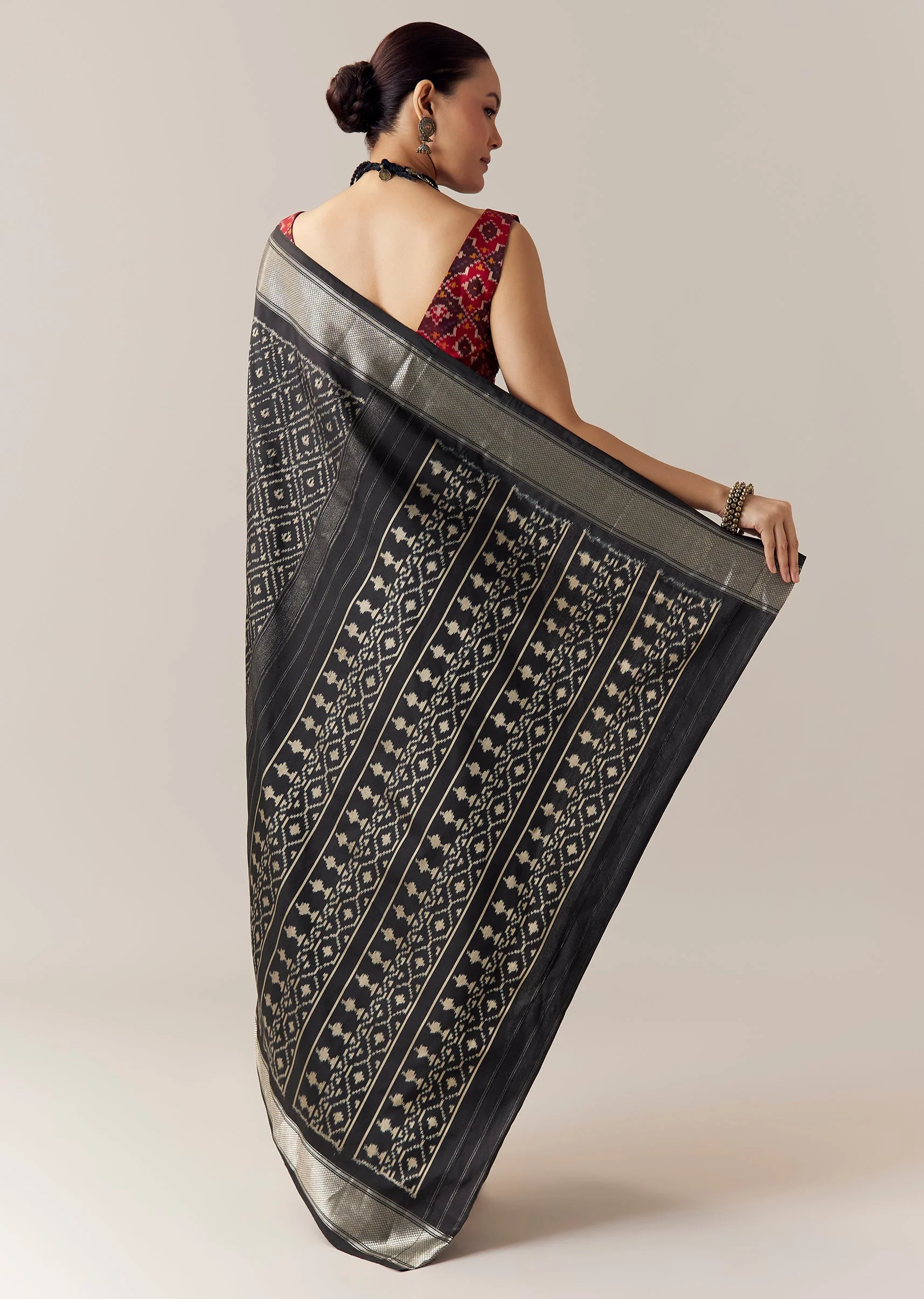 Black Silk Ikkat Weave Saree with Unstitched Blouse - Image 4