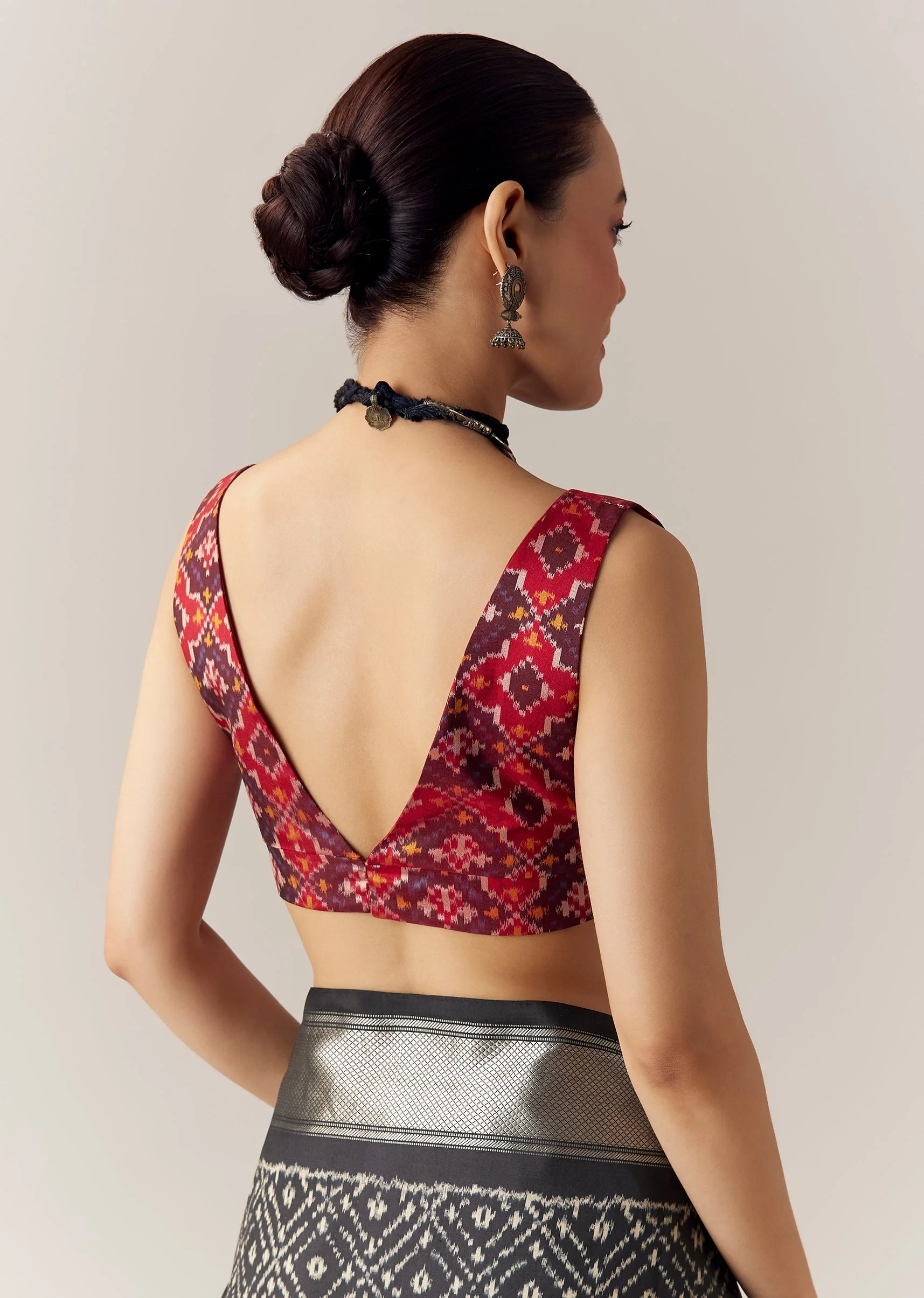 Black Silk Ikkat Weave Saree with Unstitched Blouse - Image 8