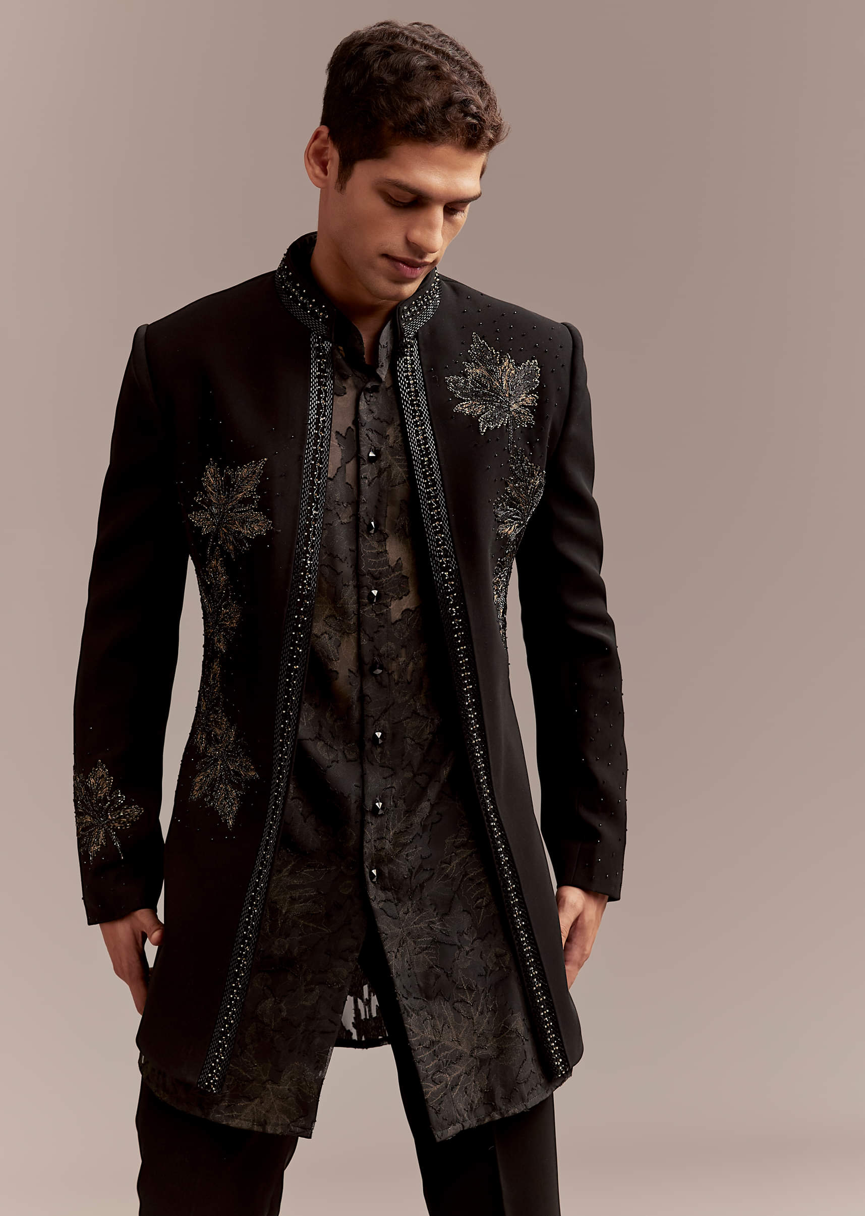Black Silk Indo Western Set For Men With Intricate Leaf Embroidery - Image 5