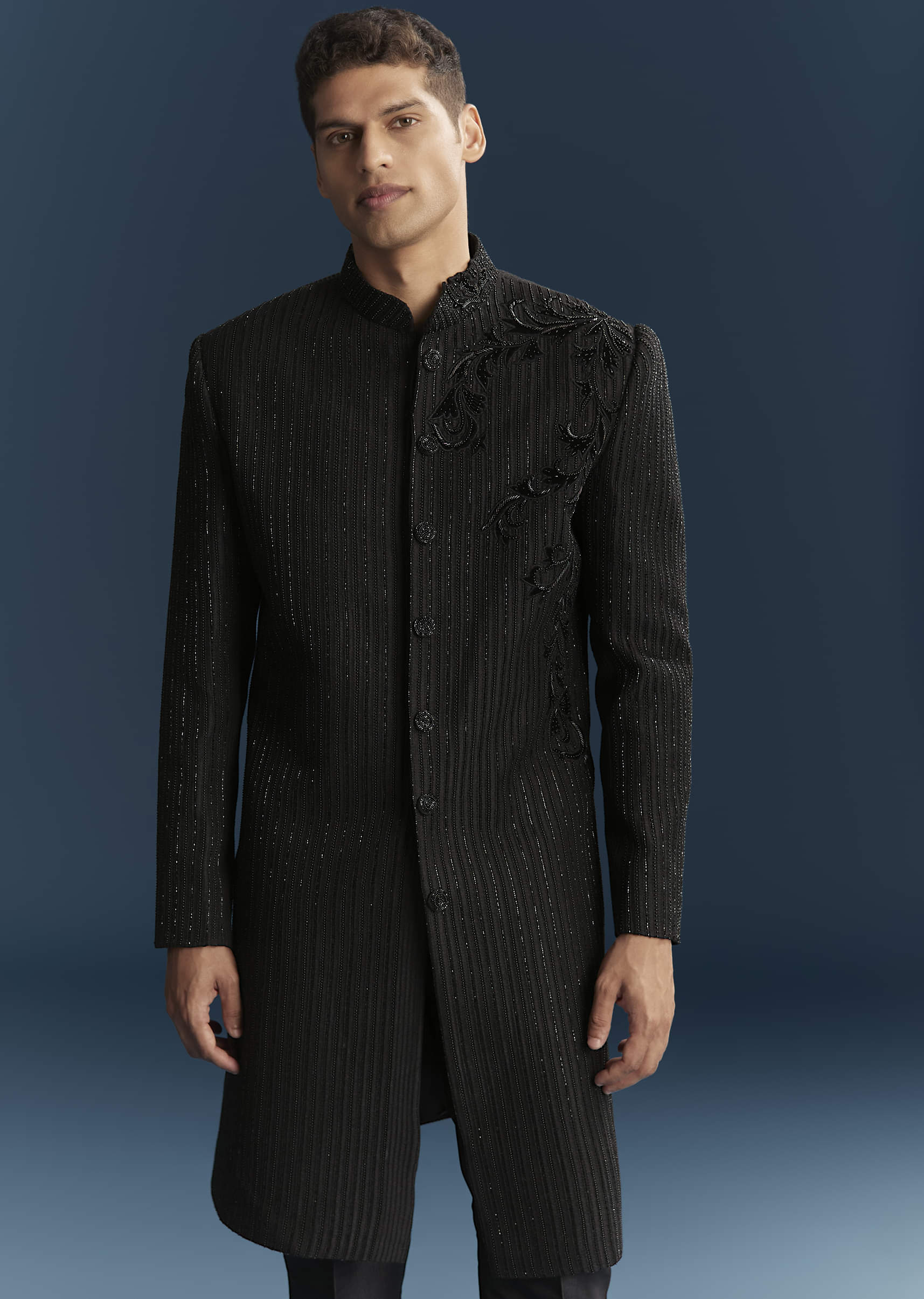 Black Silk Indo Western Set For Men With Patch Work And Embroidery - Image 4