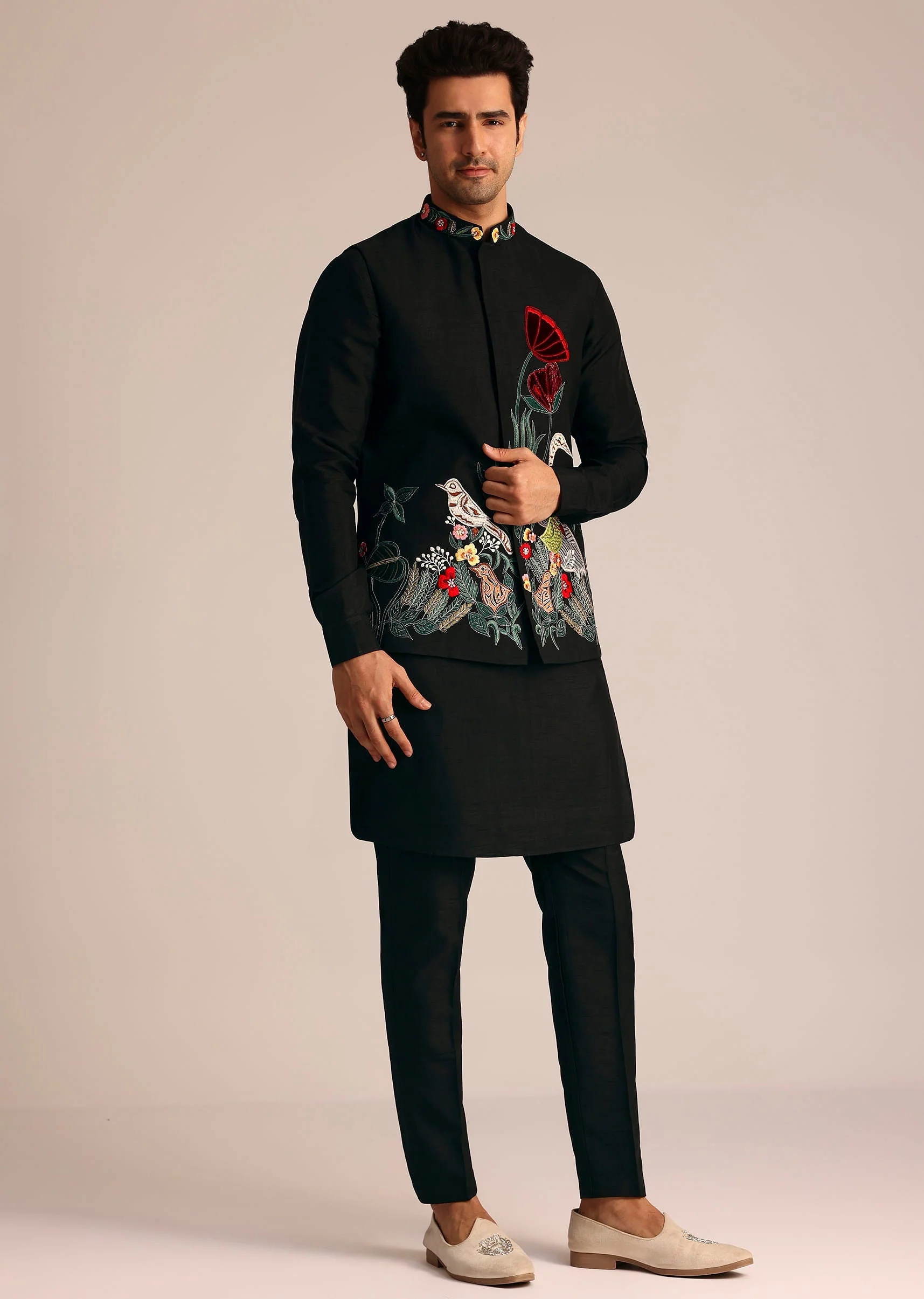 Black Silk Indo Western Set With Resham Embroidery - Image 3