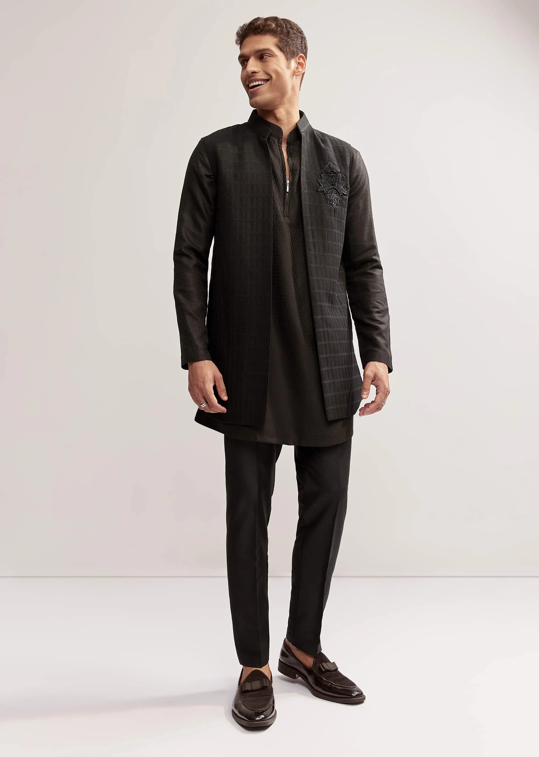 Black Silk Kurta Jacket Set For Men With Cutdana Embroidery - Image 3