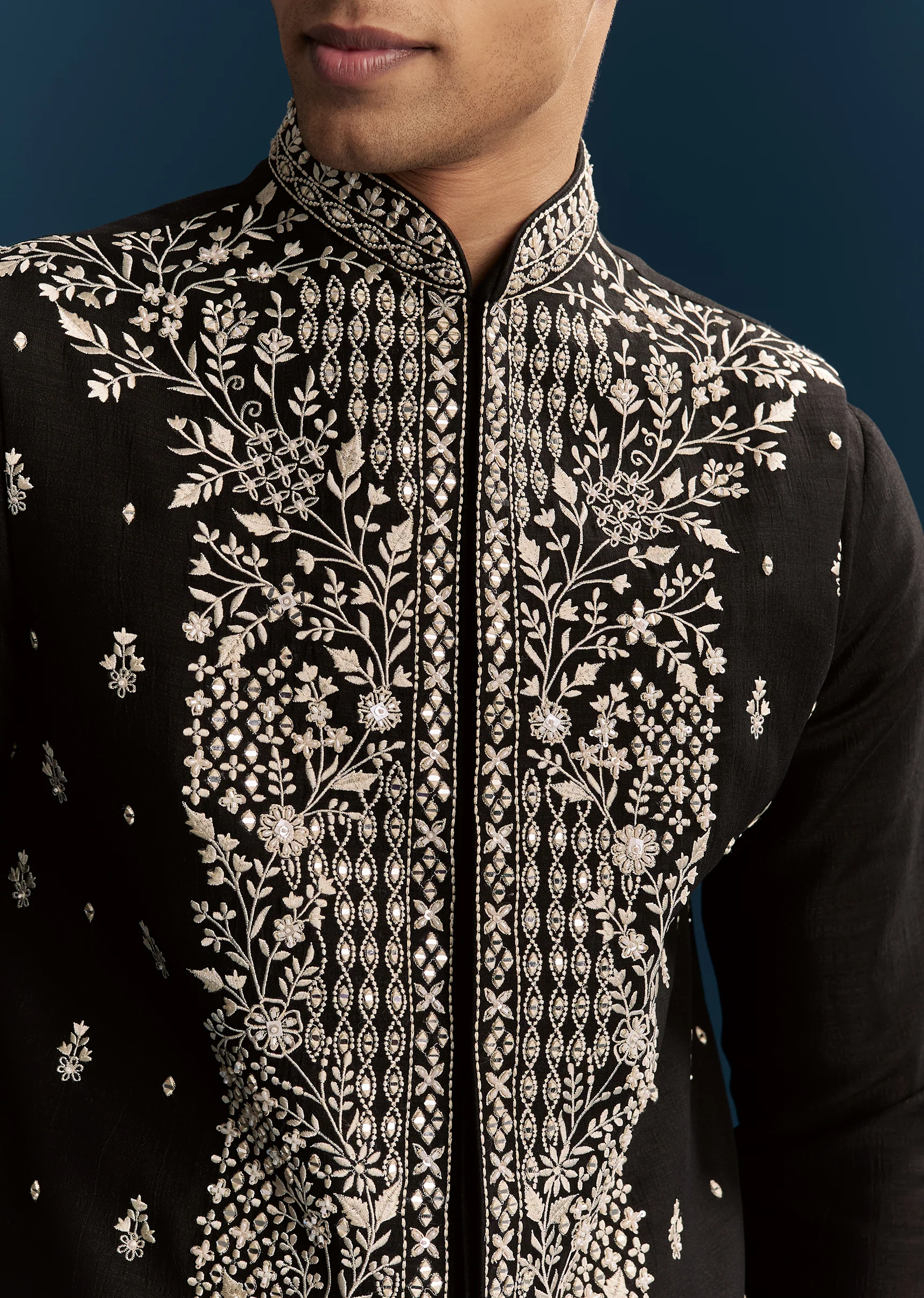 Black Silk Kurta Jacket Set For Men With Heavy Embroidery - Image 2