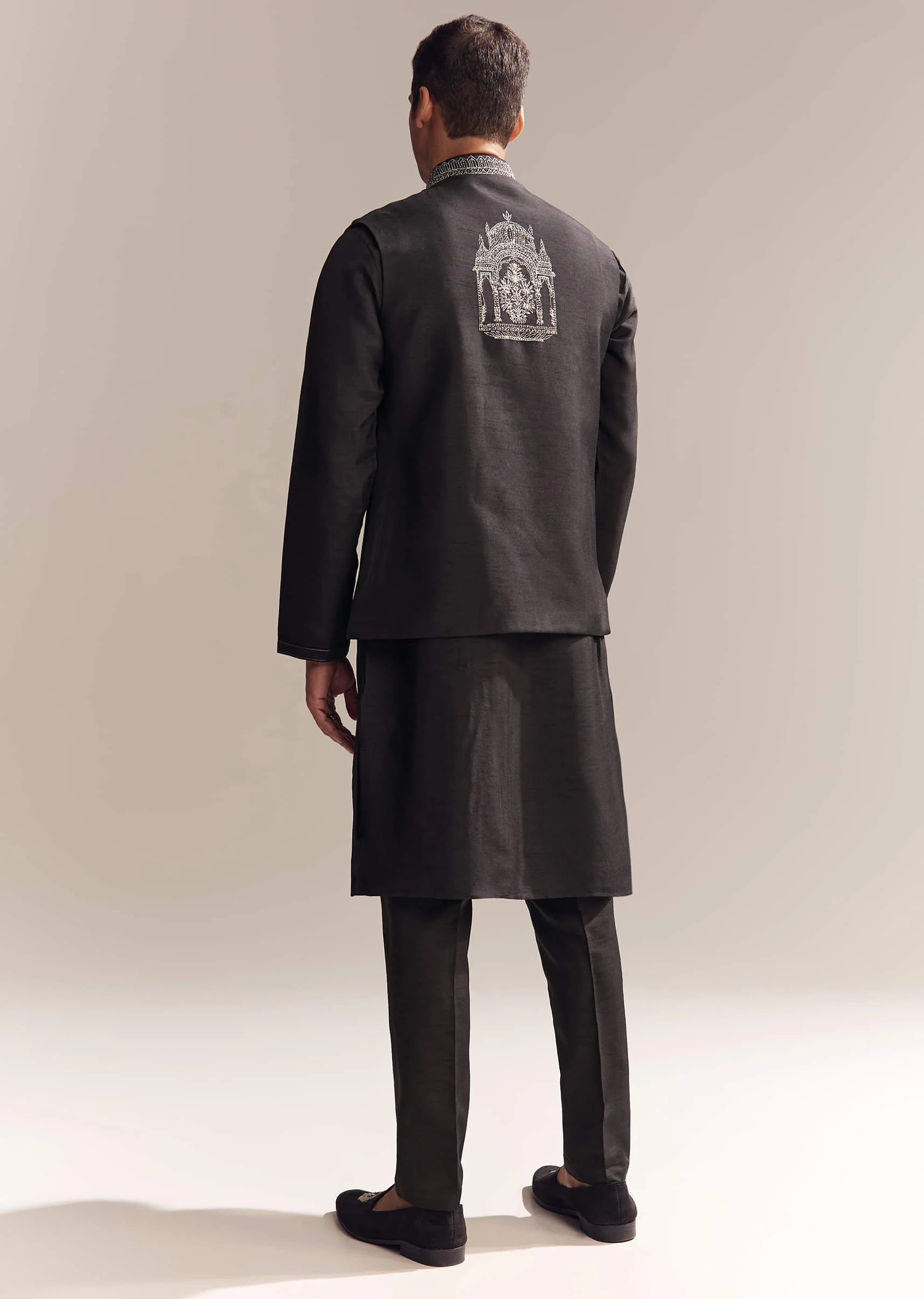 Black Silk Kurta Jacket Set For Men With Zari Cut Work - Image 5