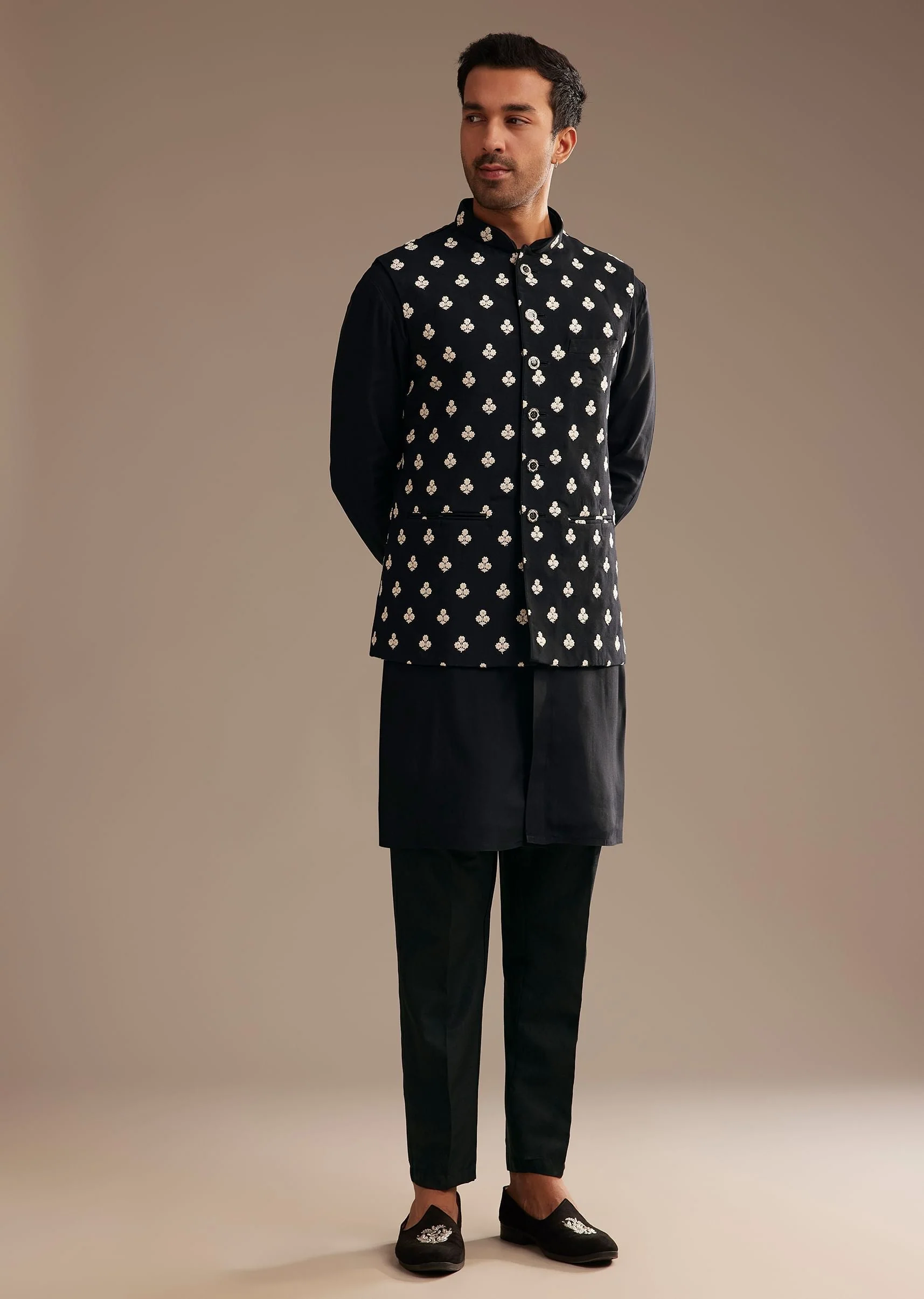 Black Silk Kurta Jacket Set With Embroidered Jacket - Image 3