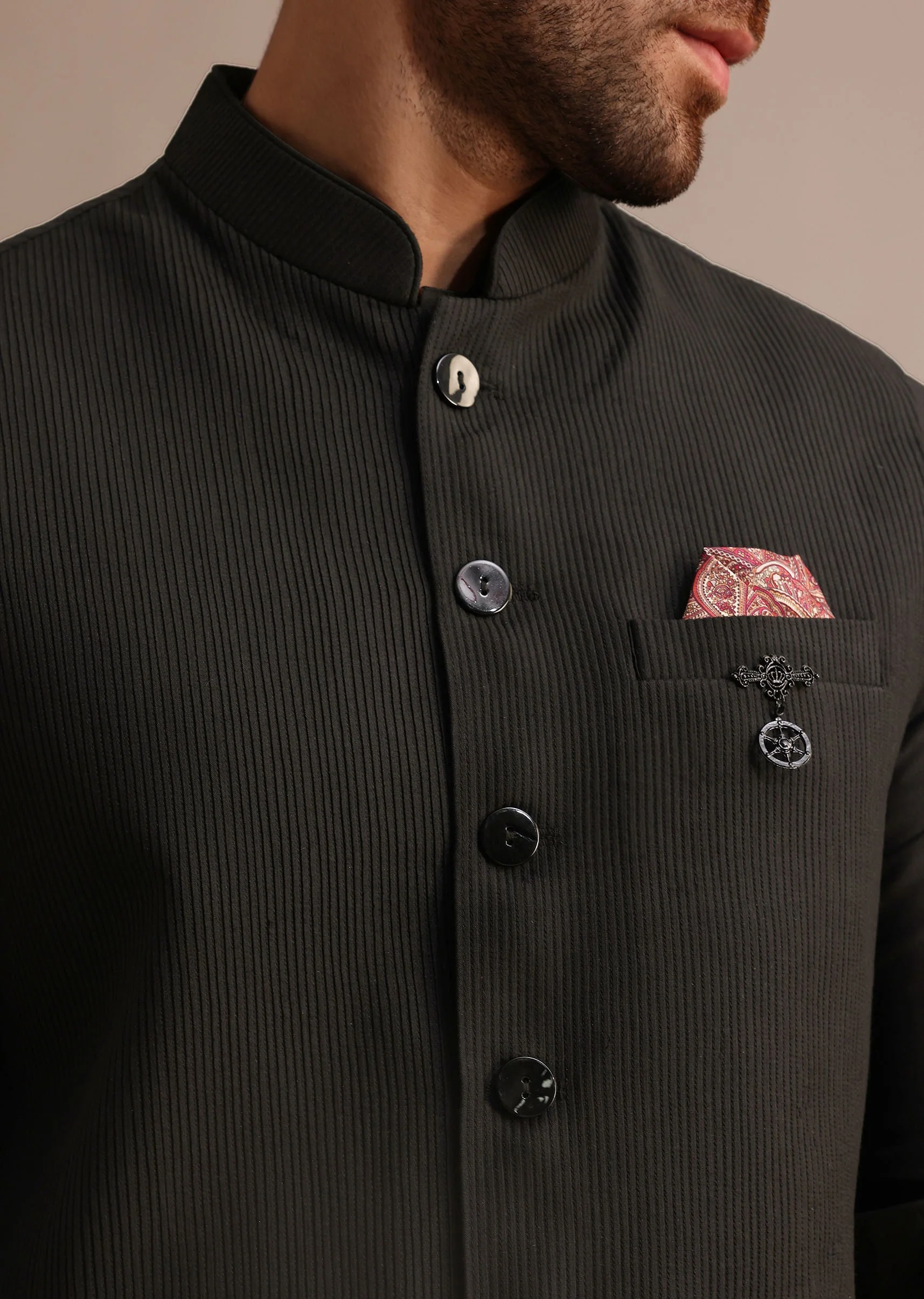 Black Silk Kurta Jacket Set With Pintuck Pattern For Men - Image 2