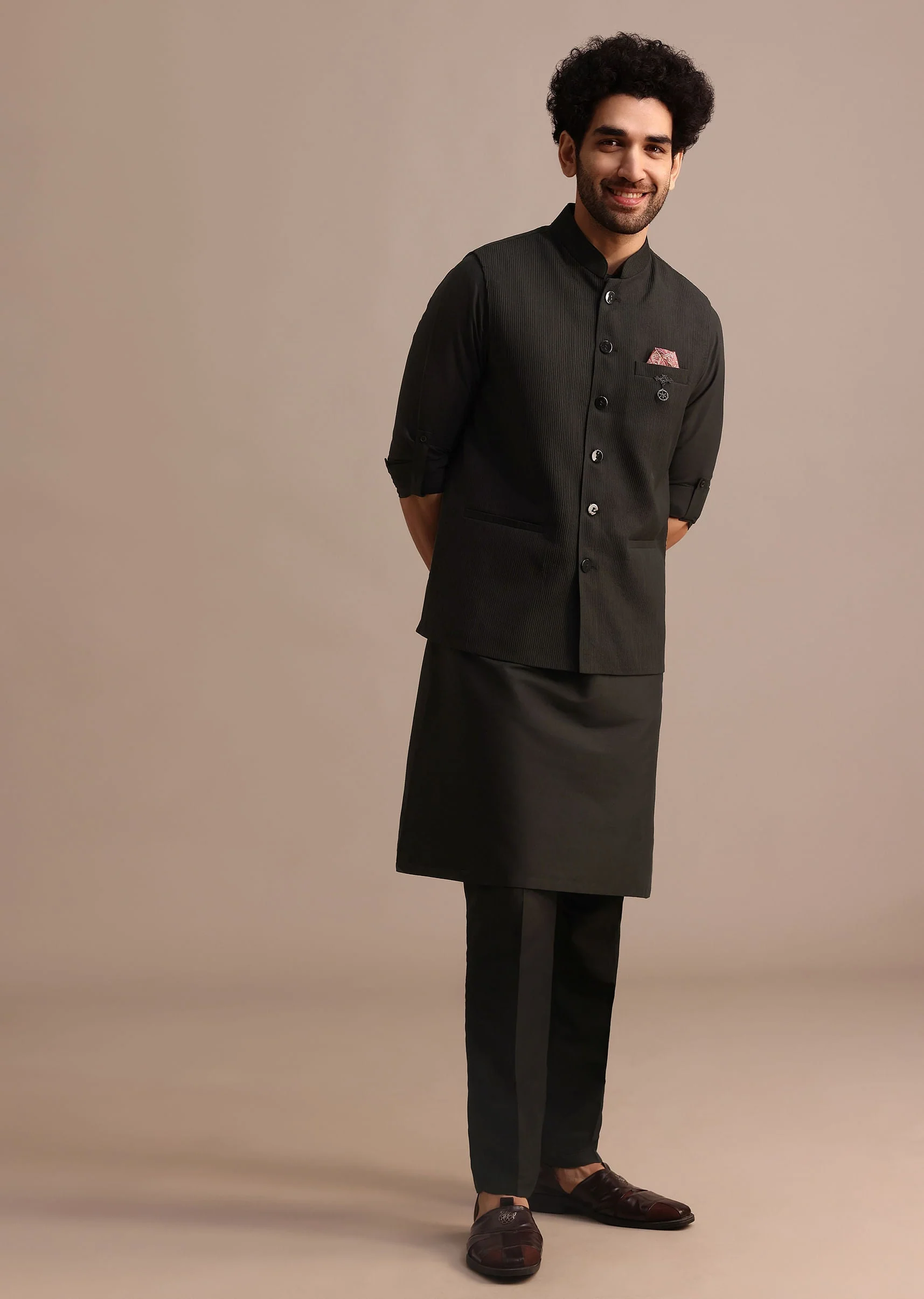 Black Silk Kurta Jacket Set With Pintuck Pattern For Men - Image 3
