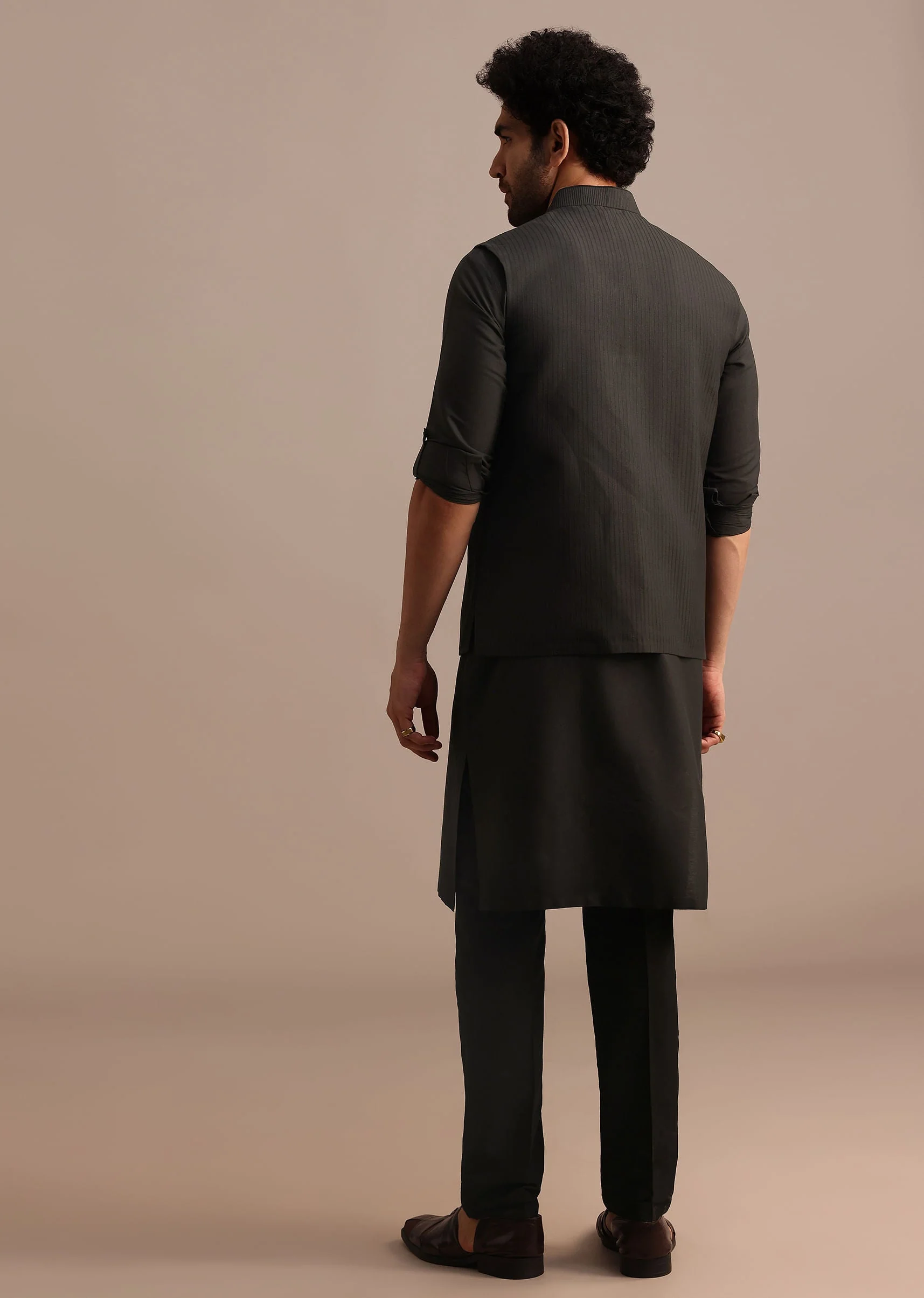 Black Silk Kurta Jacket Set With Pintuck Pattern For Men - Image 5