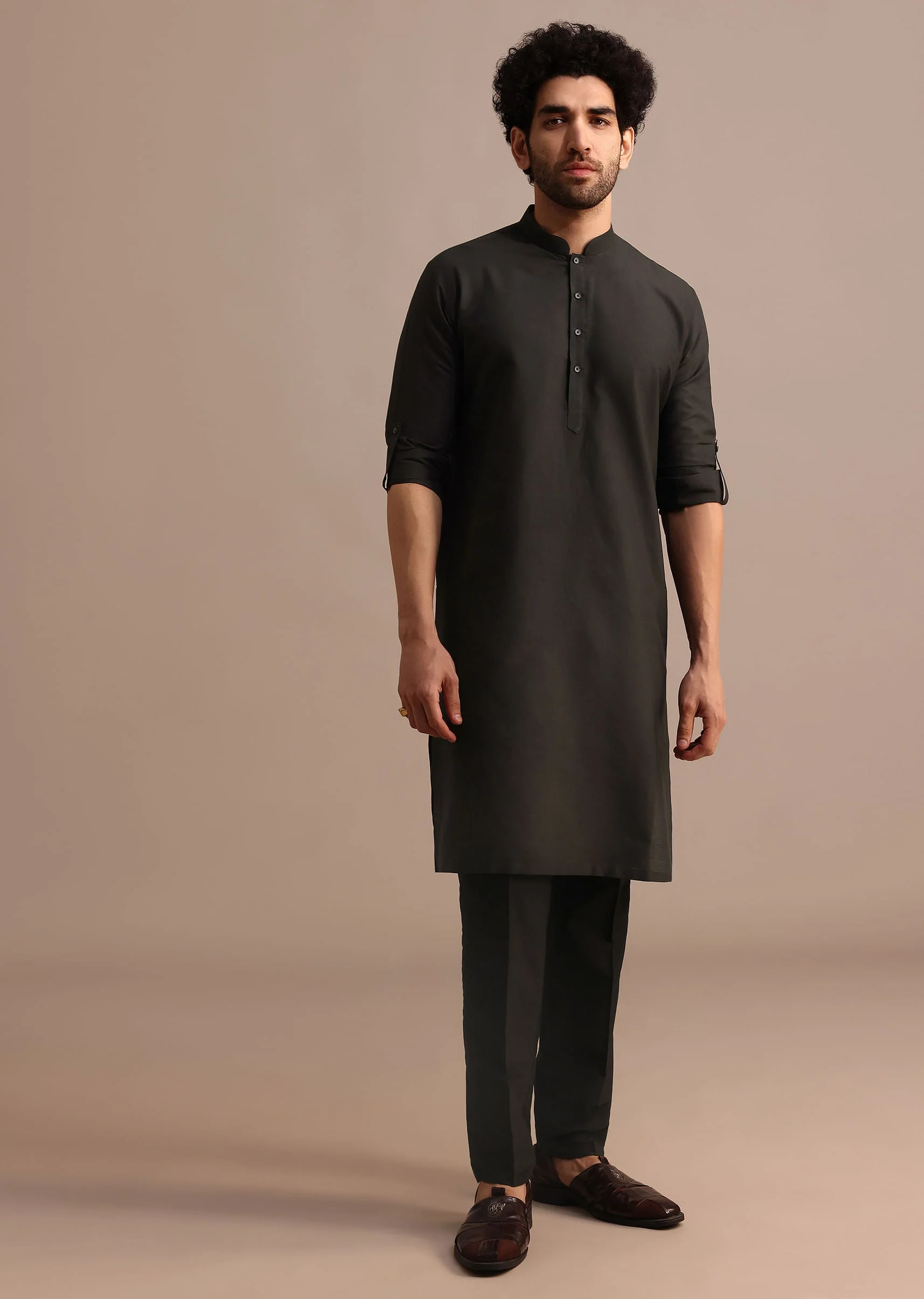 Black Silk Kurta Jacket Set With Pintuck Pattern For Men - Image 6