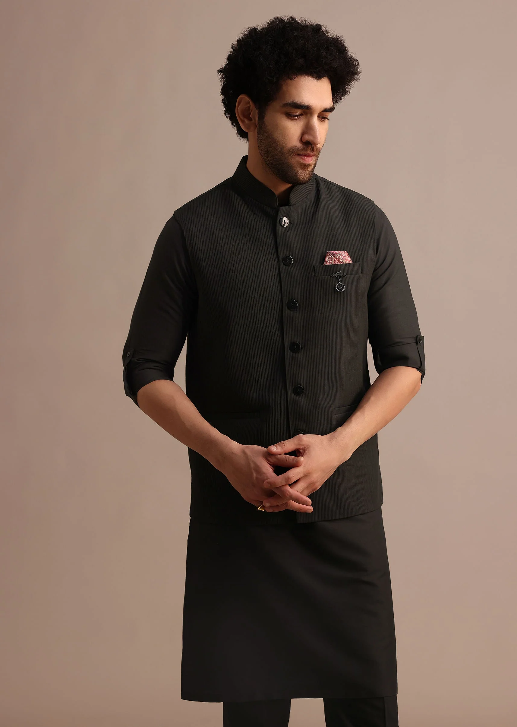 Black Silk Kurta Jacket Set With Pintuck Pattern For Men - Image 9