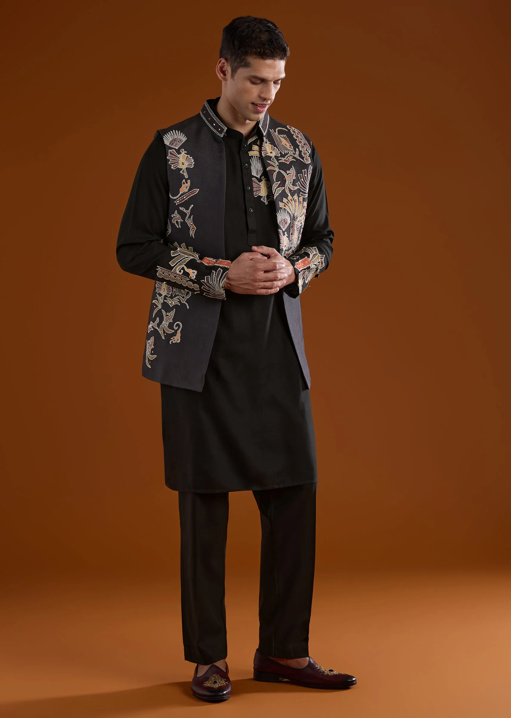 Black Silk Kurta Jacket Set With Thread And Mirror Work