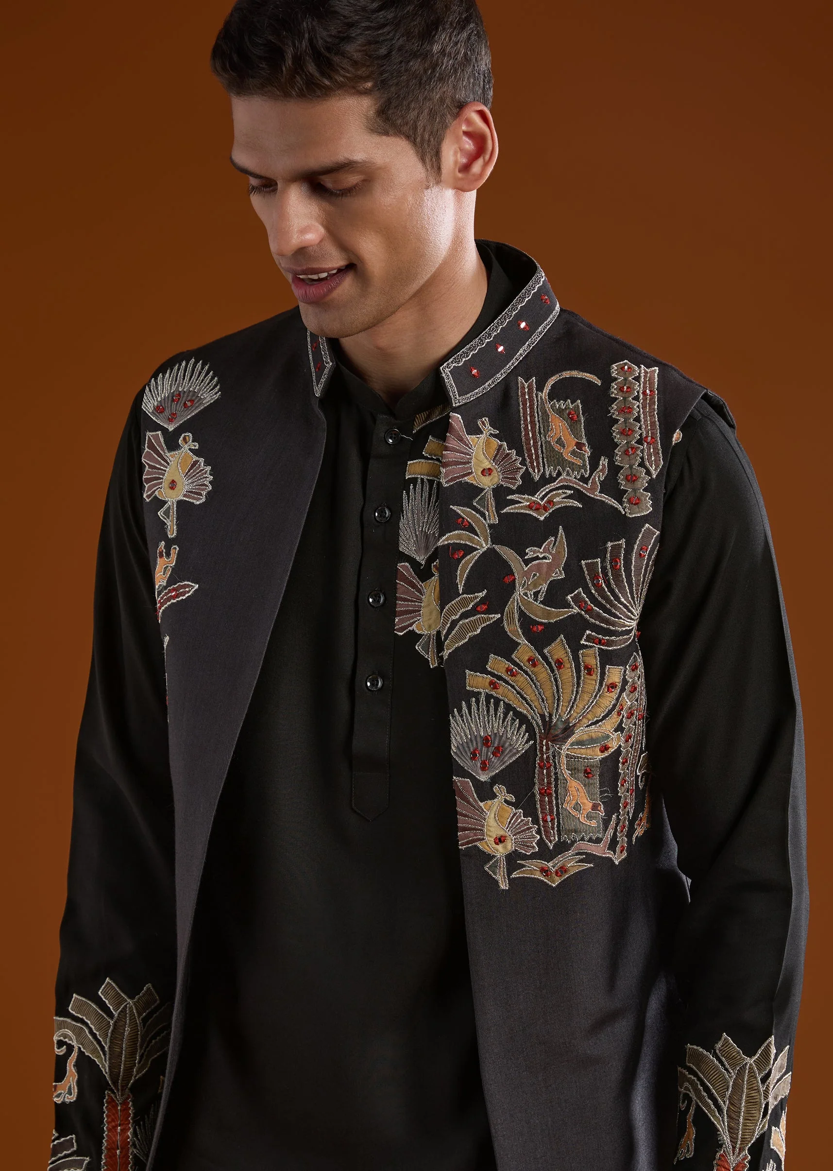 Black Silk Kurta Jacket Set With Thread And Mirror Work - Image 2