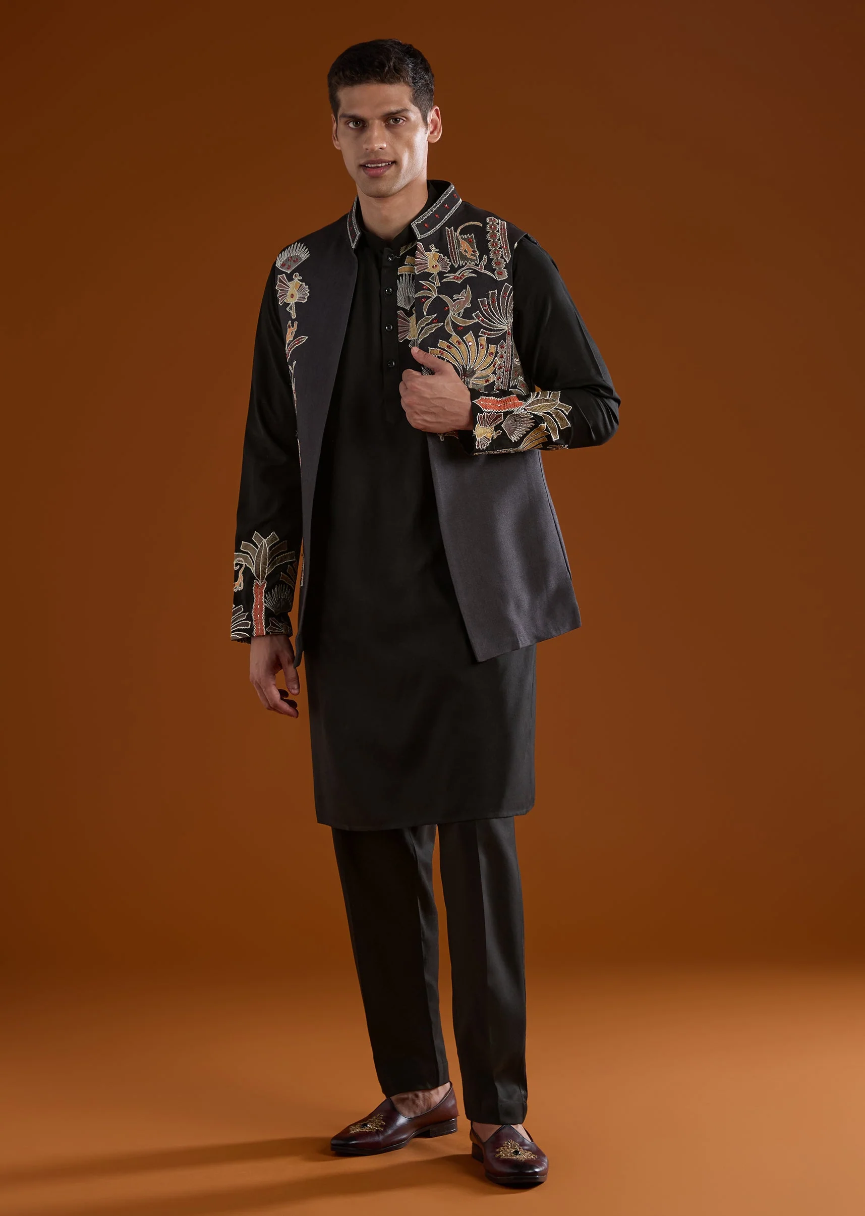 Black Silk Kurta Jacket Set With Thread And Mirror Work - Image 3