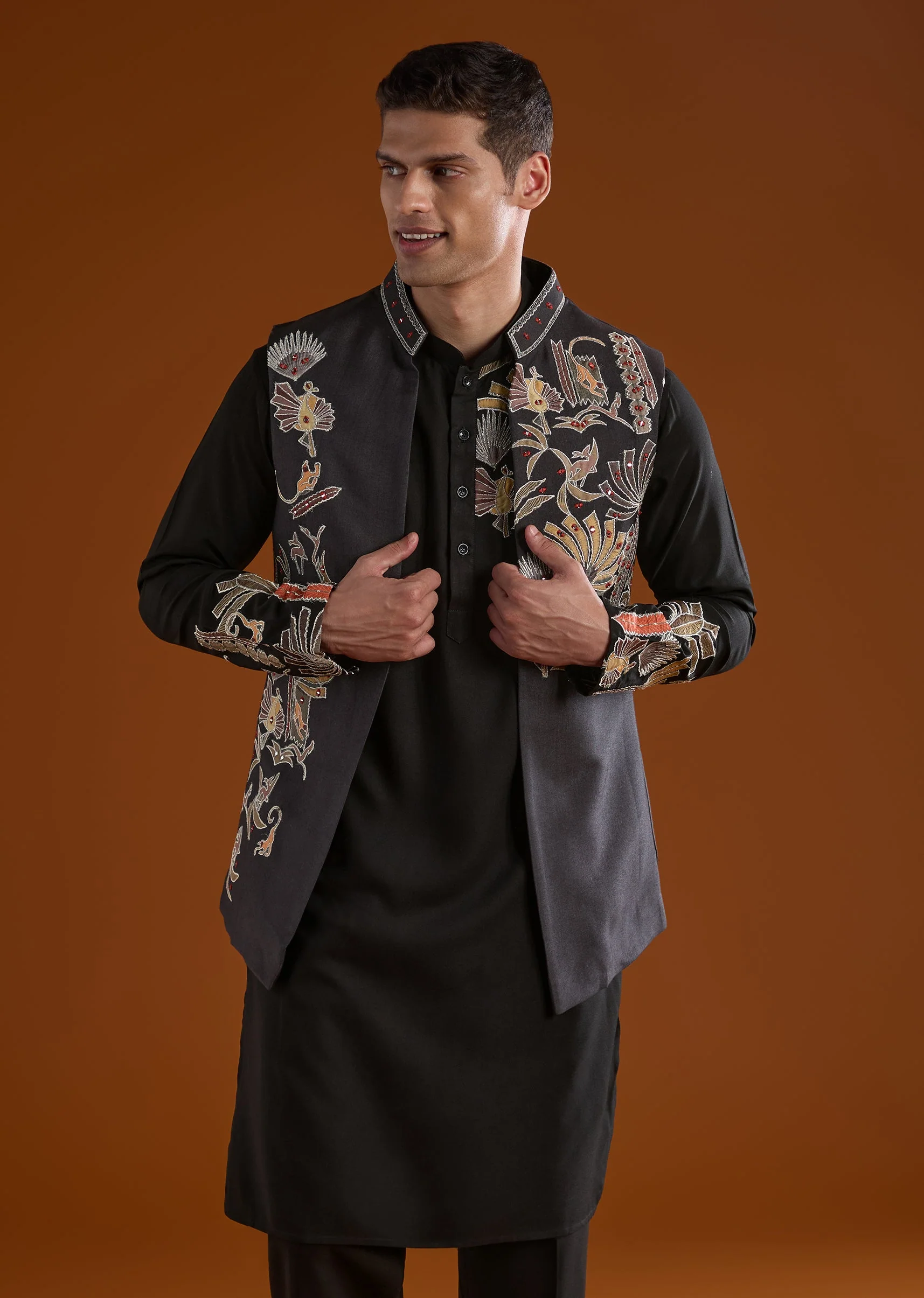 Black Silk Kurta Jacket Set With Thread And Mirror Work - Image 4
