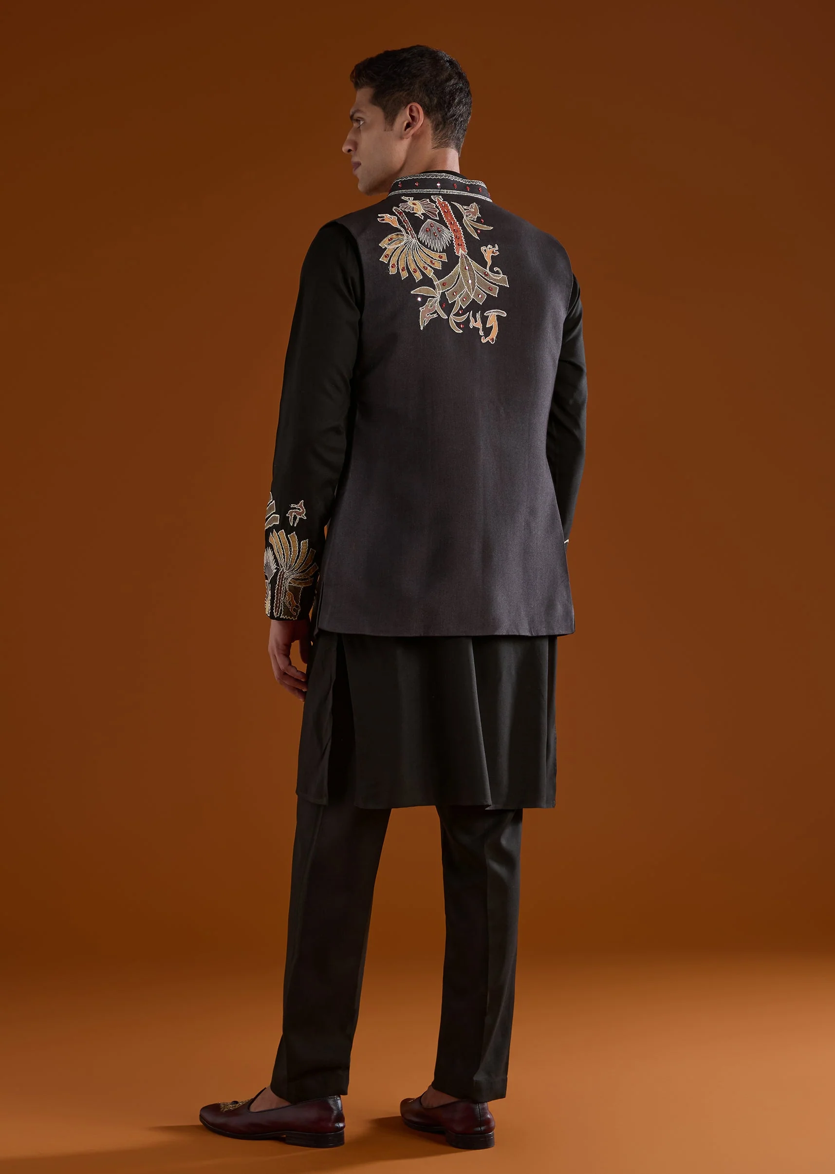 Black Silk Kurta Jacket Set With Thread And Mirror Work - Image 5