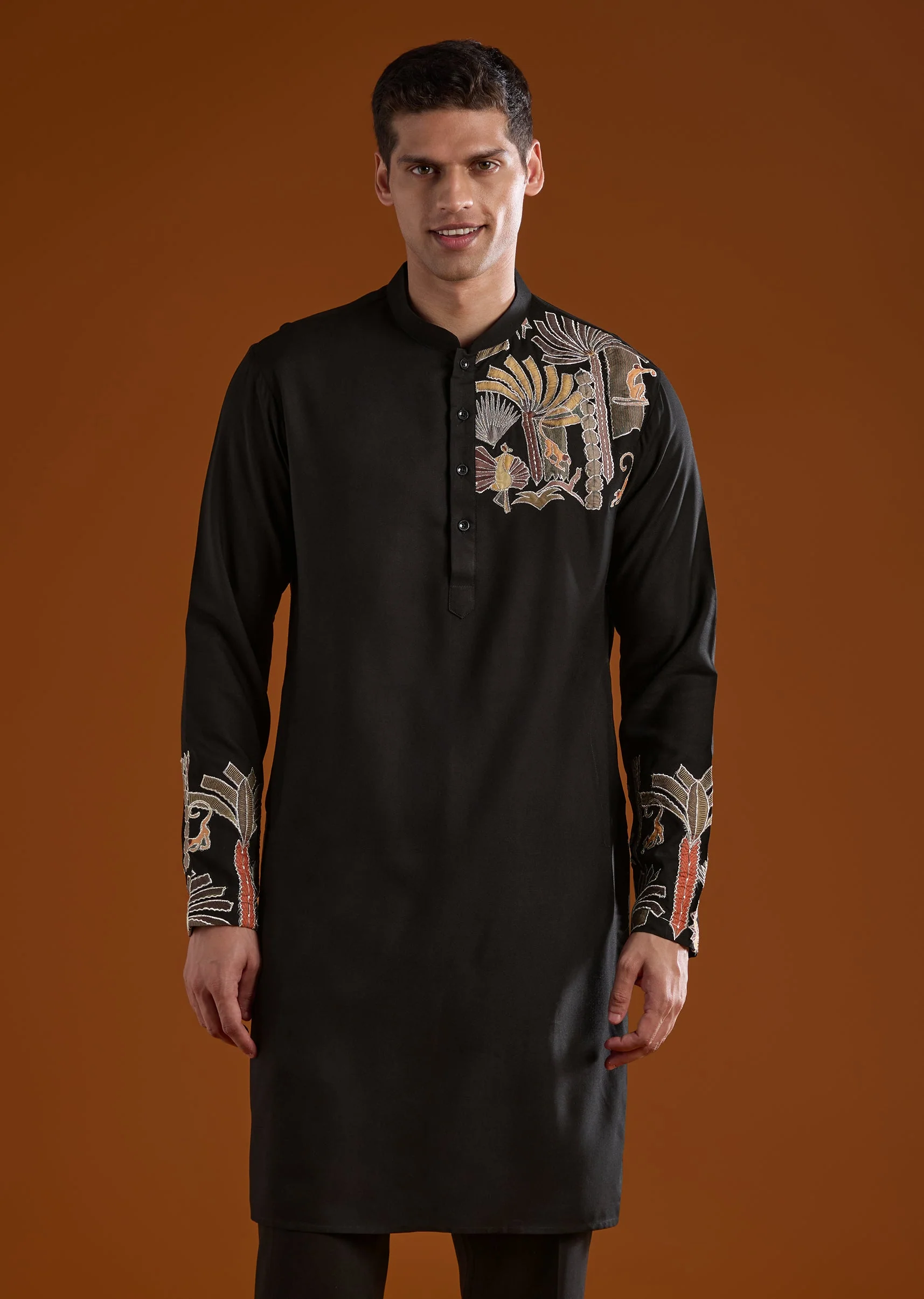 Black Silk Kurta Jacket Set With Thread And Mirror Work - Image 6