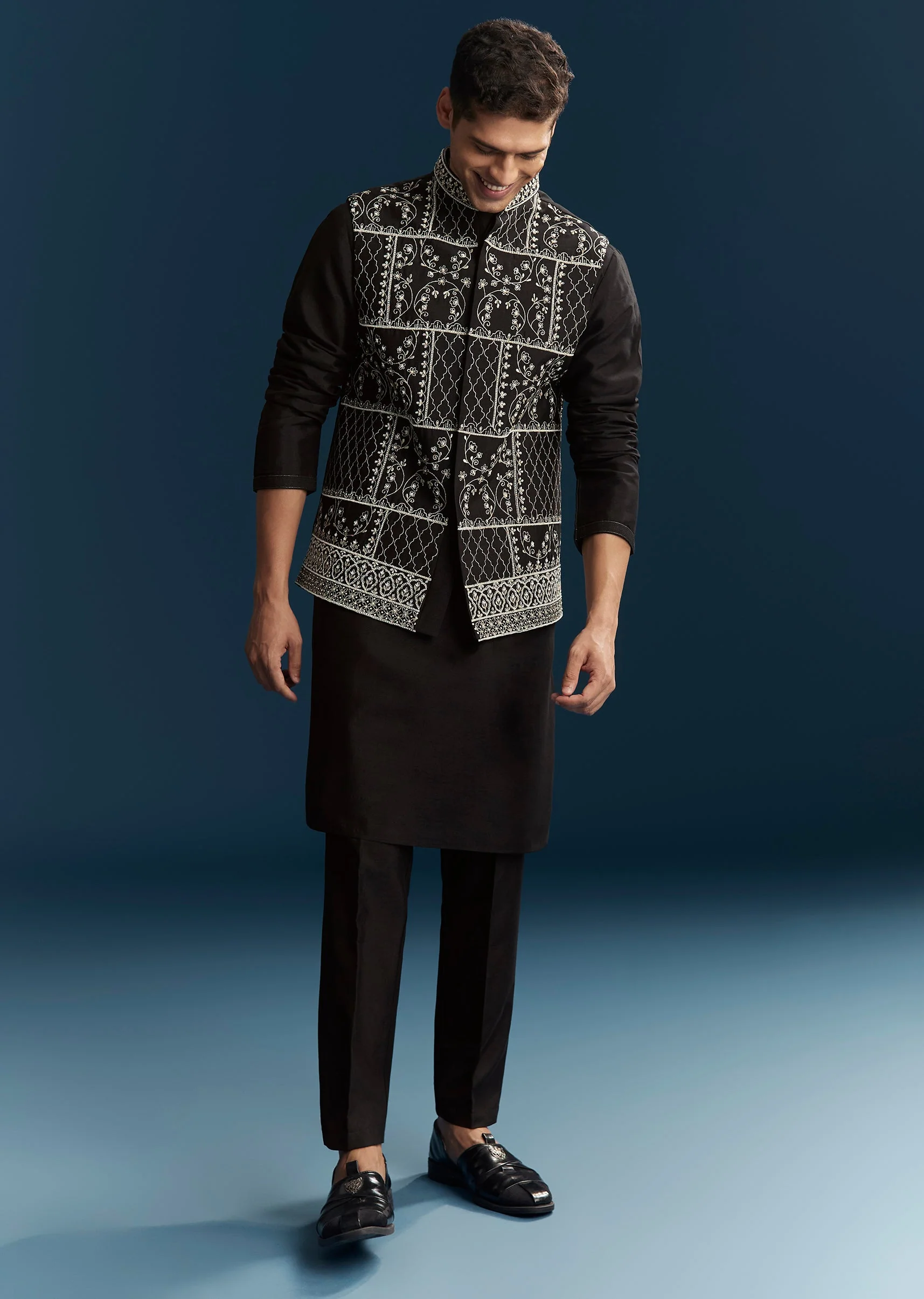 Black Silk Kurta Jacket Set With Thread Detail Work