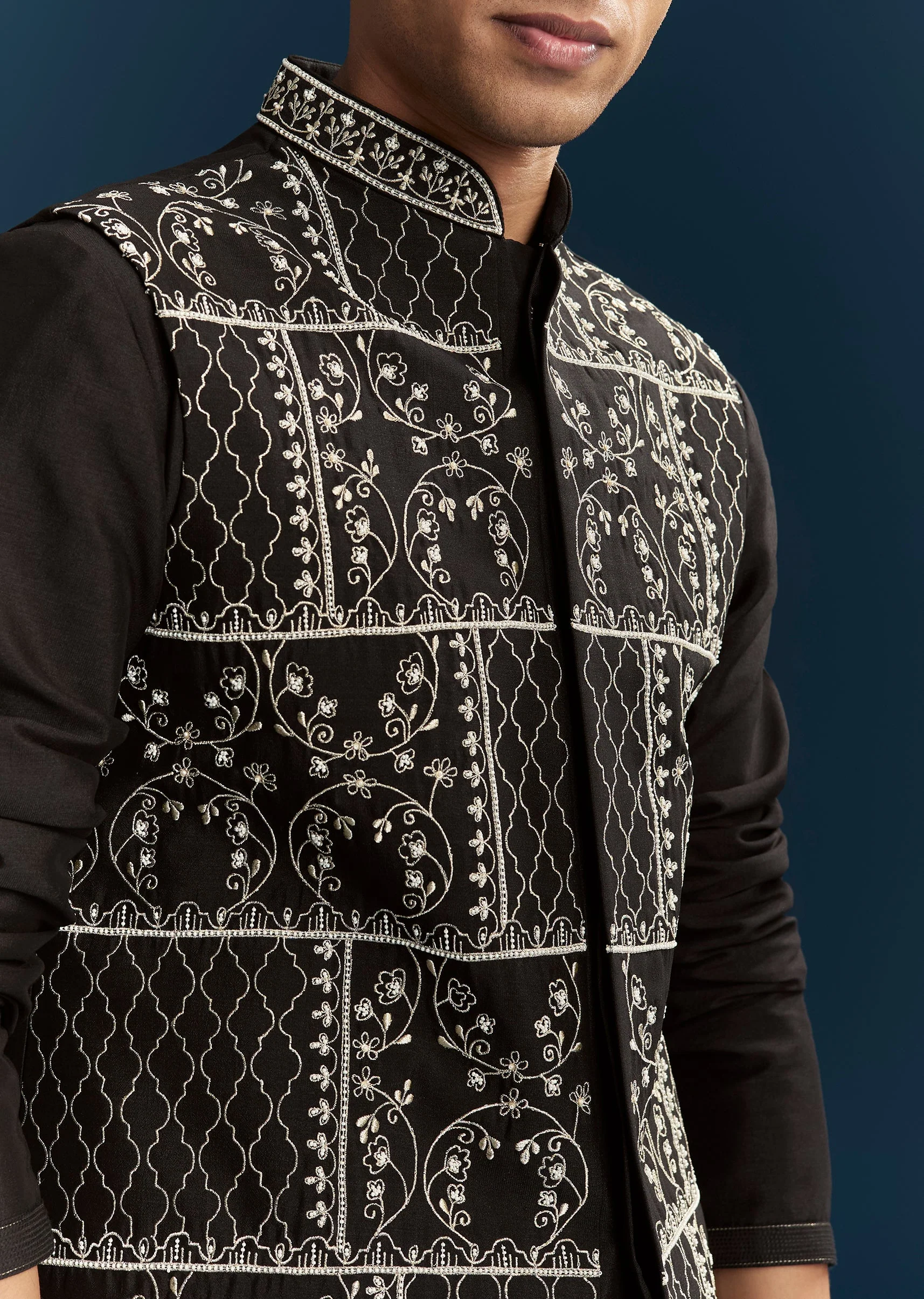 Black Silk Kurta Jacket Set With Thread Detail Work - Image 2