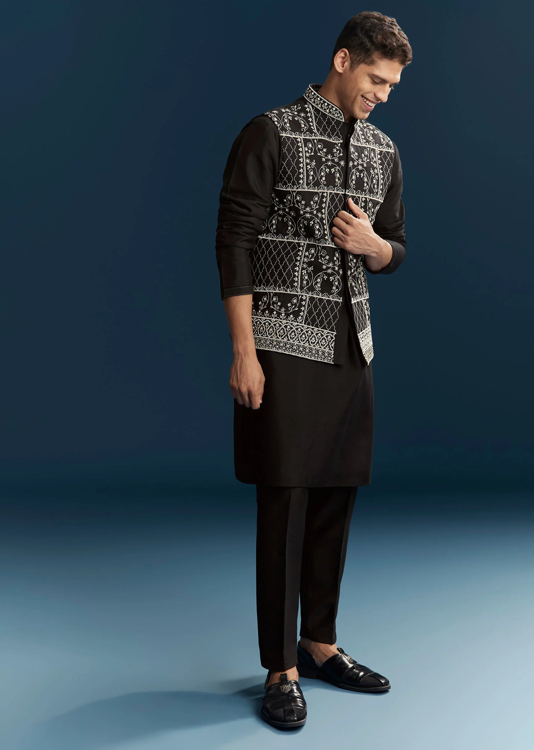Black Silk Kurta Jacket Set With Thread Detail Work - Image 3