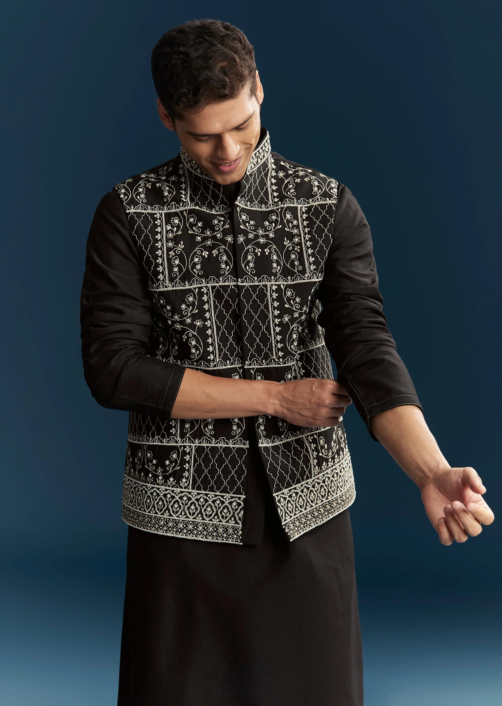 Black Silk Kurta Jacket Set With Thread Detail Work - Image 4