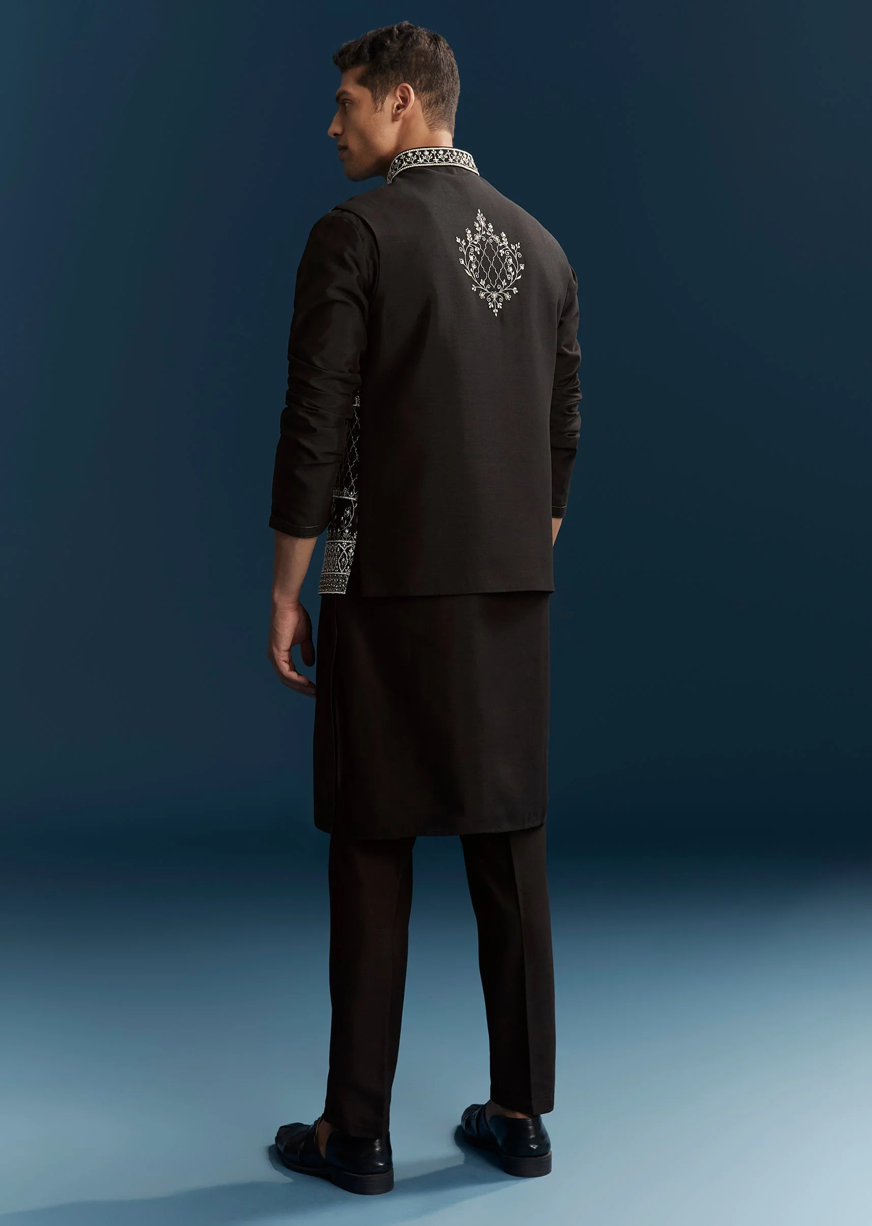 Black Silk Kurta Jacket Set With Thread Detail Work - Image 5