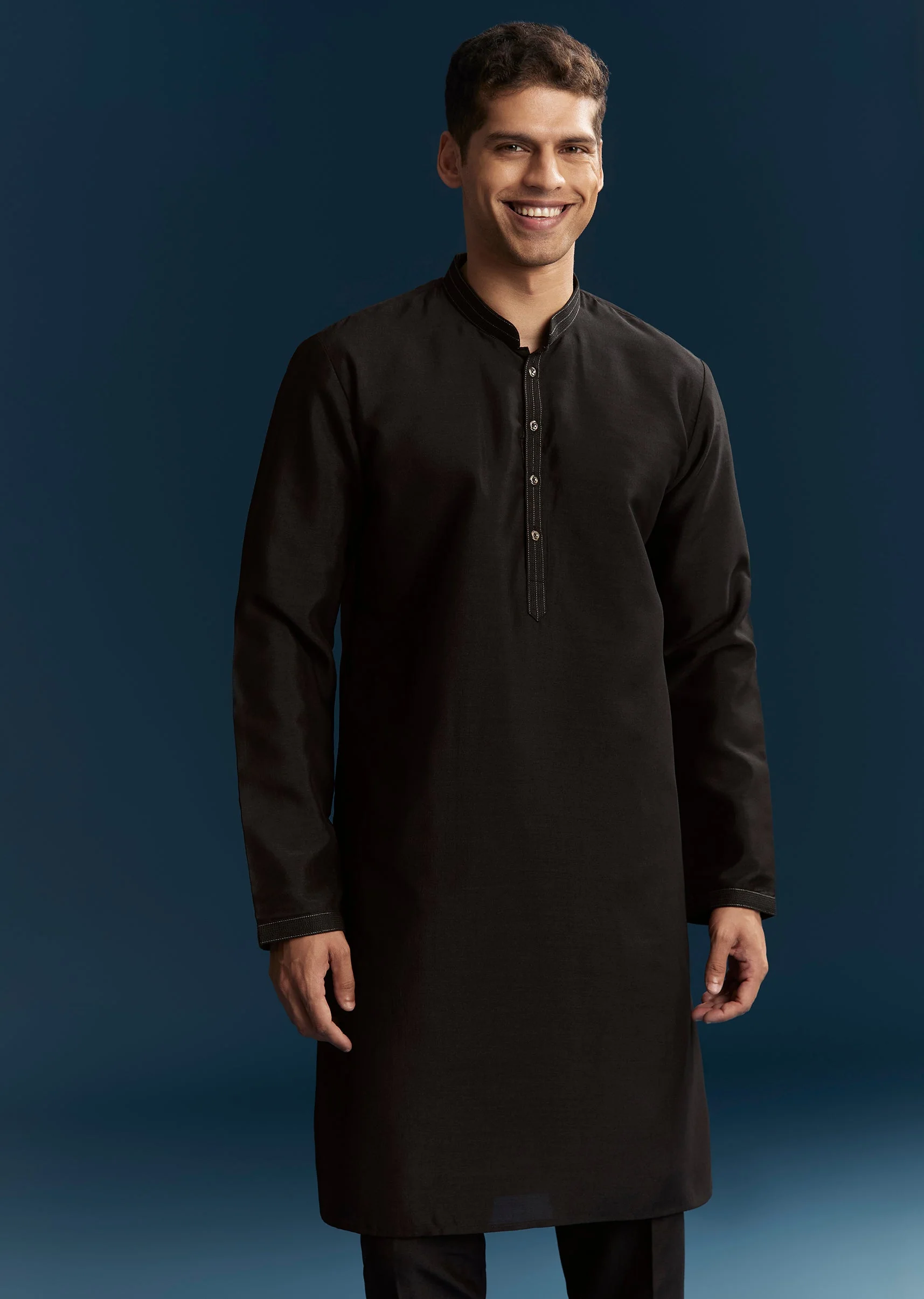 Black Silk Kurta Jacket Set With Thread Detail Work - Image 6