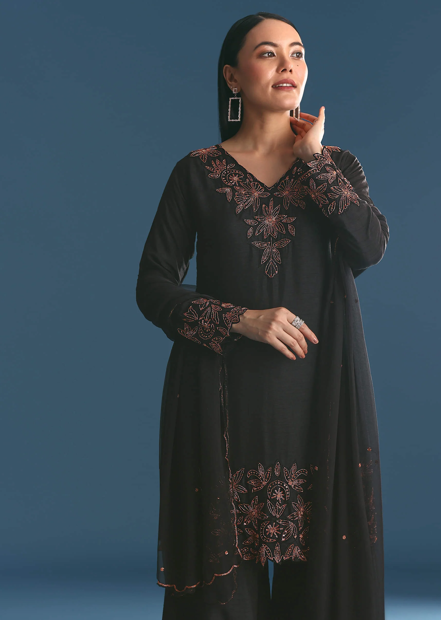 Black Silk Kurta Palazzo Set With Cut Dana Work - Image 3