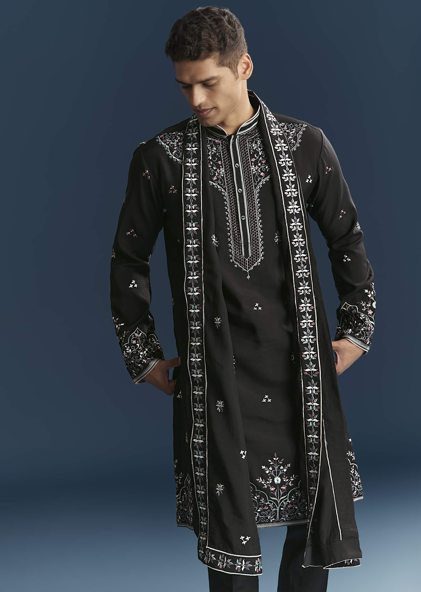 Black Silk Kurta Set For Men With Floral And Geometric Embroidery - Image 4