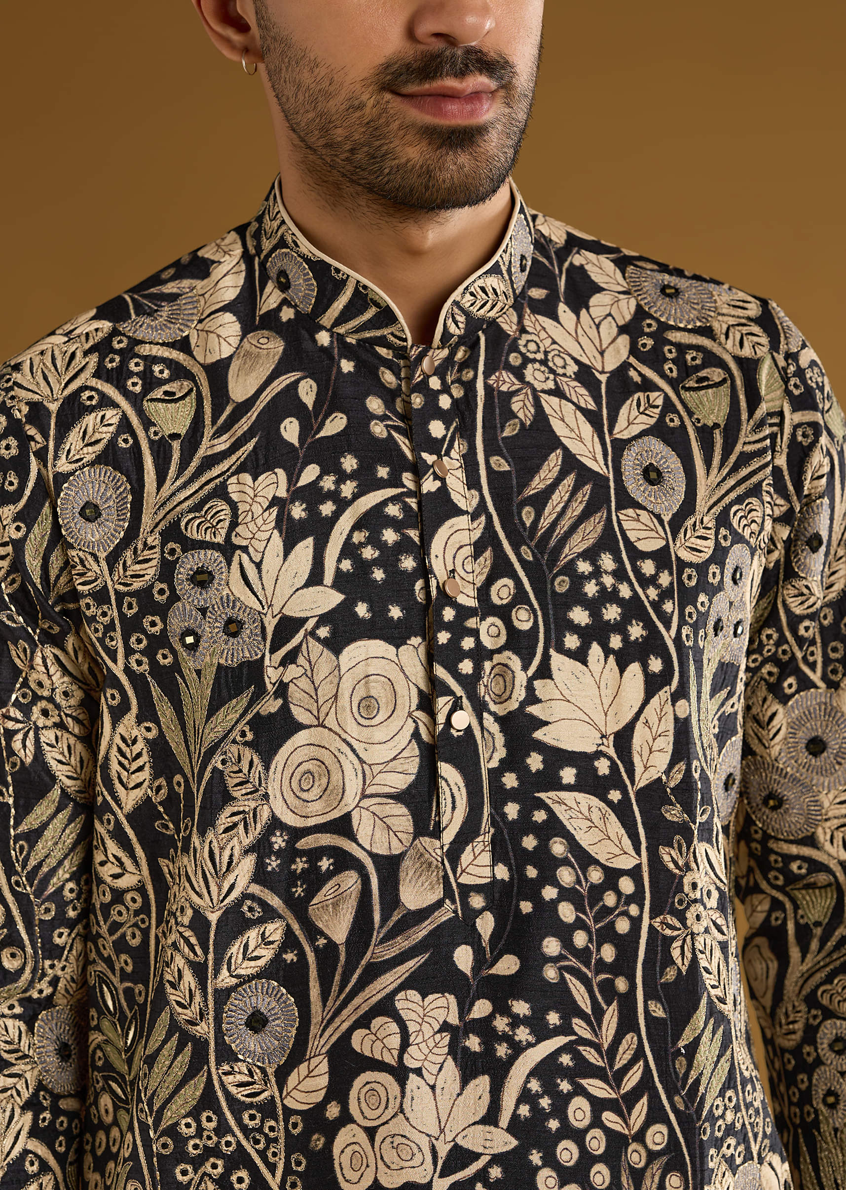 Black Silk Kurta Set For Men With Mirror Work - Image 2