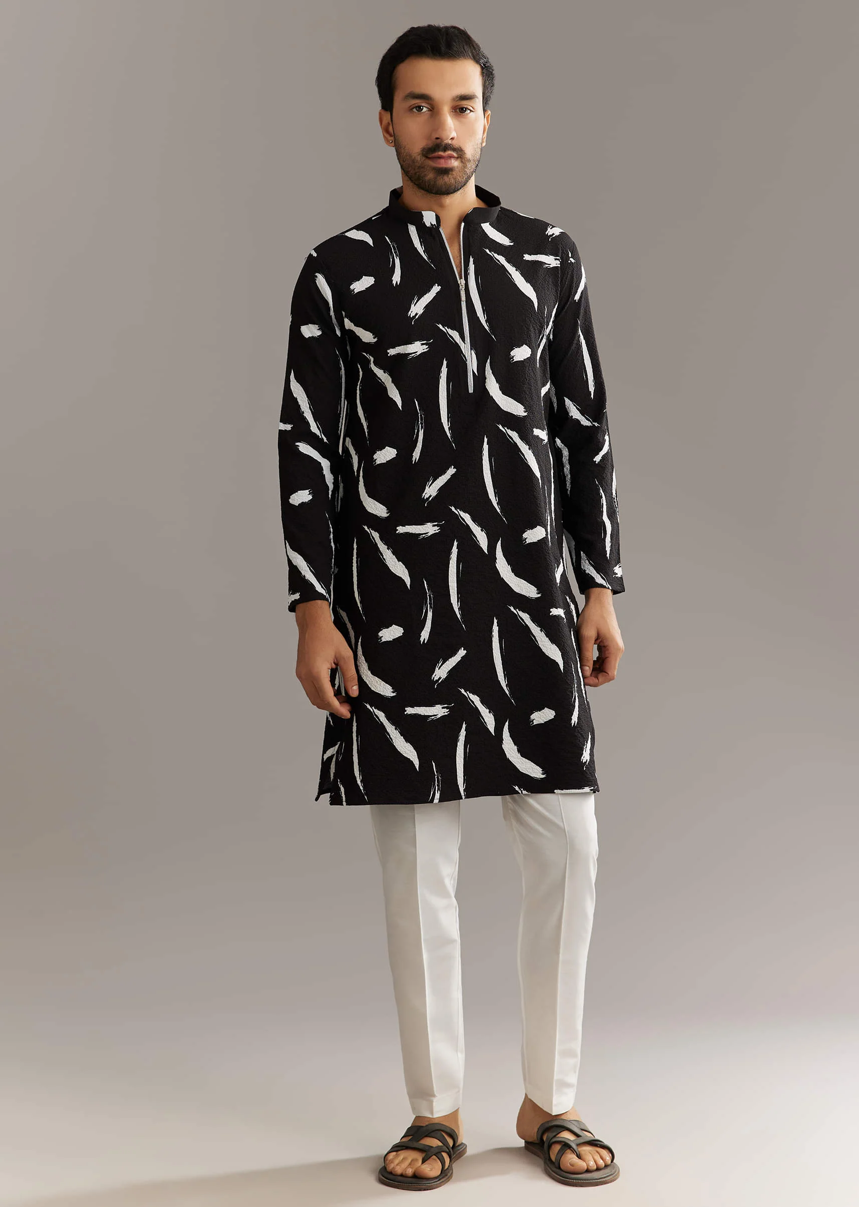 Black Silk Kurta Set With Abstract Prints - Image 2