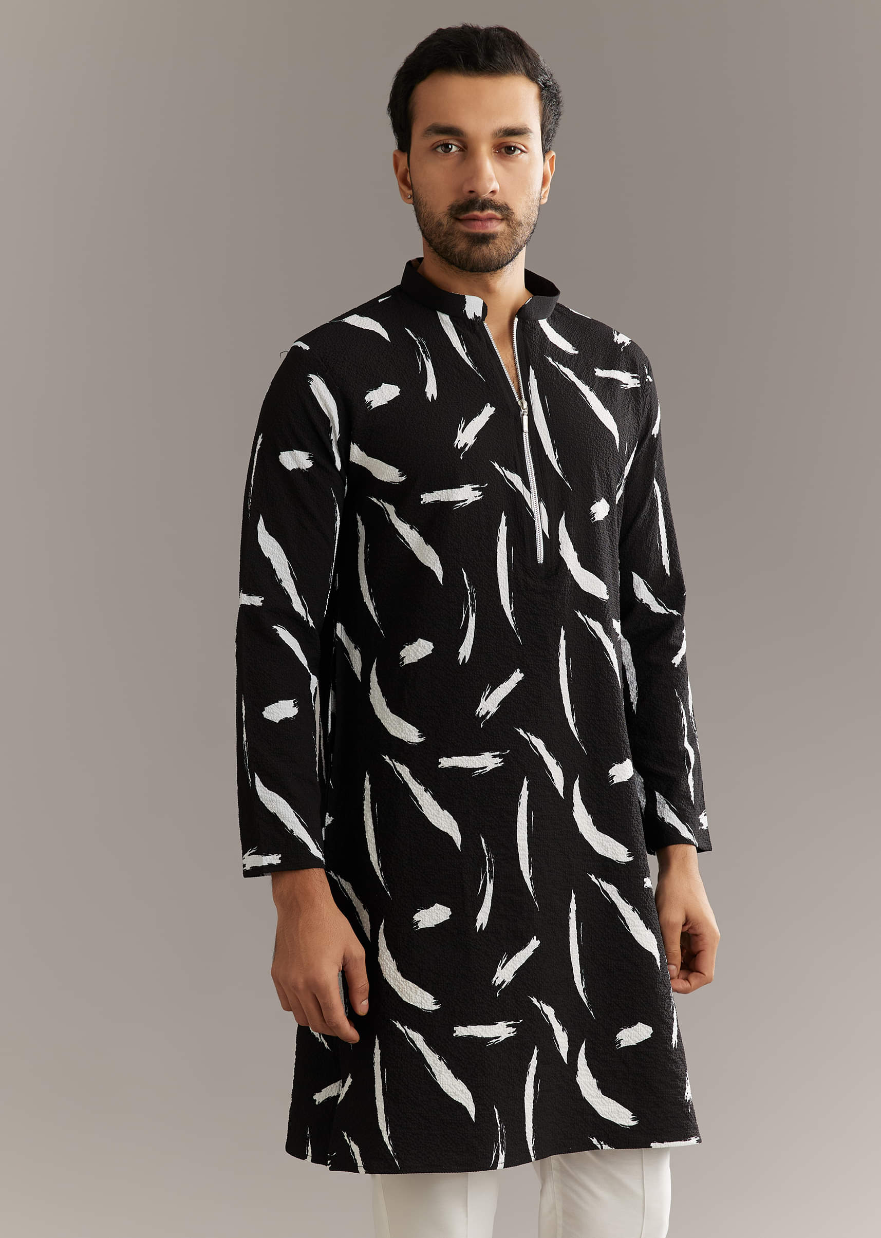 Black Silk Kurta Set With Abstract Prints - Image 4