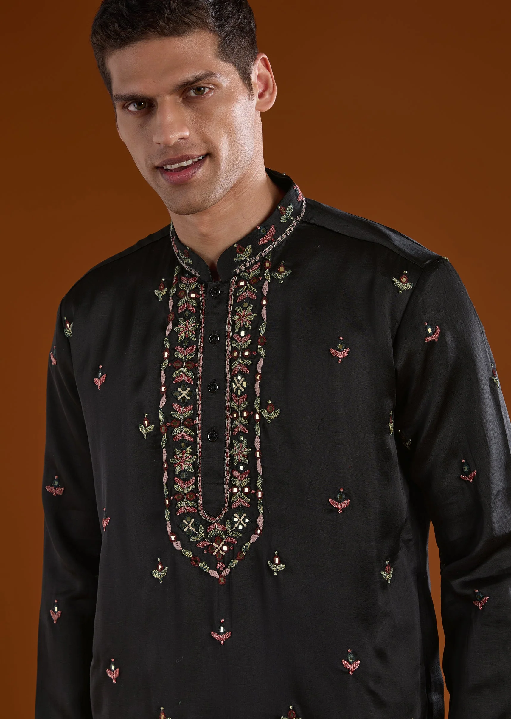 Black Silk Kurta Set With Dupatta And Thread And Mirror Work - Image 5